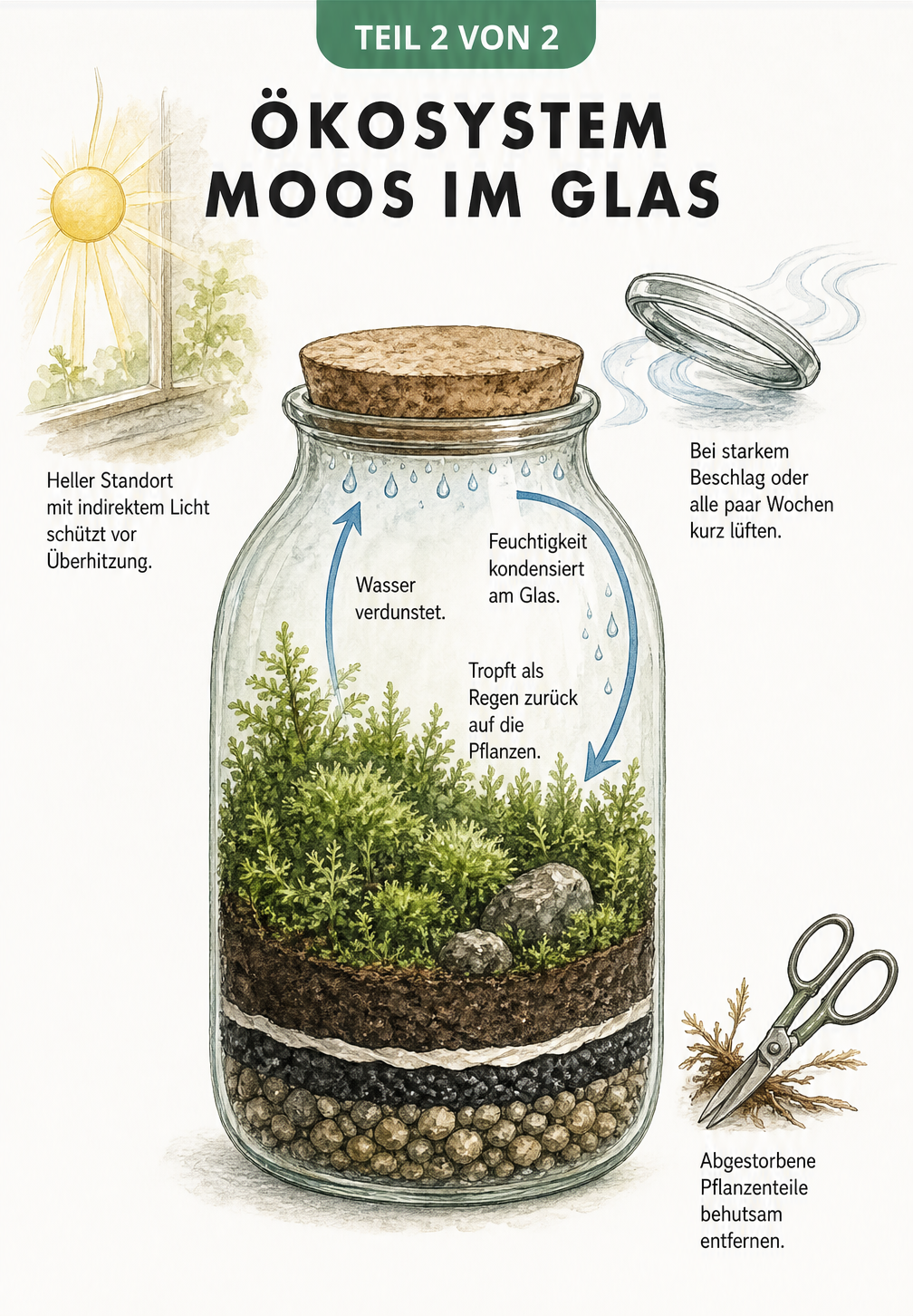 Illustration des Wasserkreislaufs im Flaschengarten mit Sonne, Lüftung und Pflanzenschere