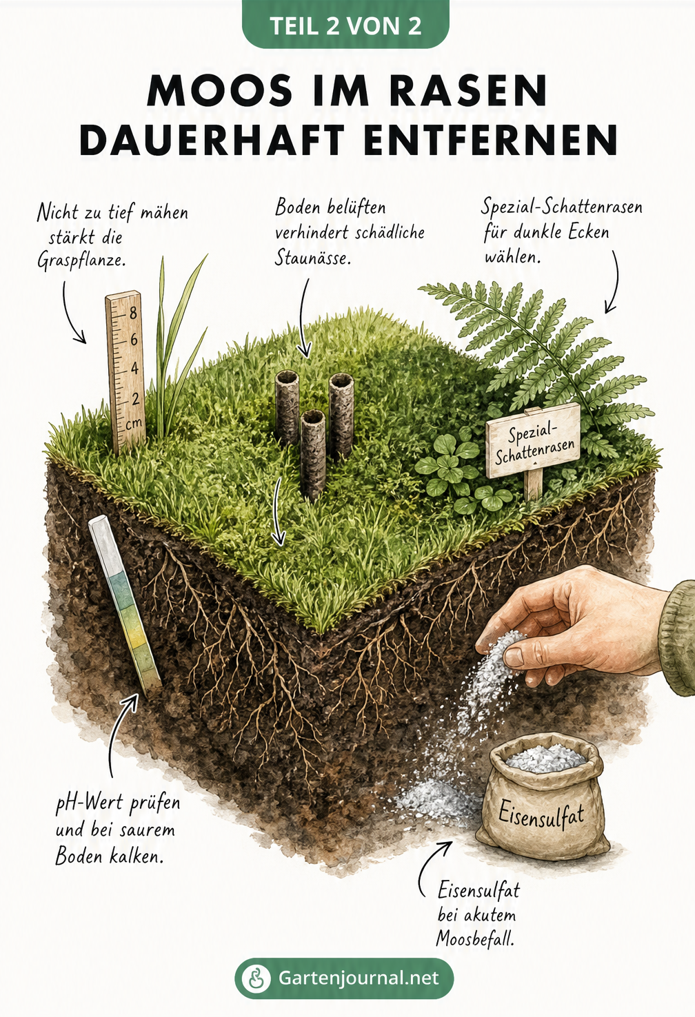 Illustration eines Rasenstücks mit Pflegetipps gegen Moos: richtiges Mähen, Boden belüften, Schattenrasen säen und pH-Wert prüfen.