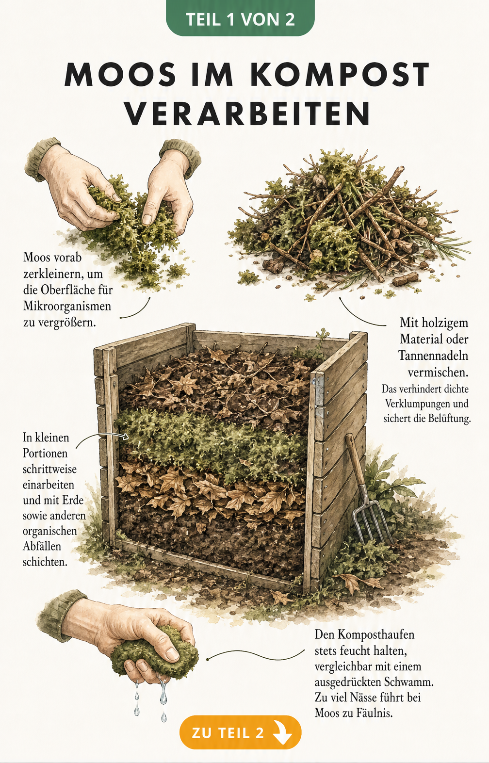 Handgezeichnete Illustration eines Kompostbehälters mit Schichten aus Moos, Erde und Blättern sowie Tipps zum Zerkleinern und Feuchthalten.