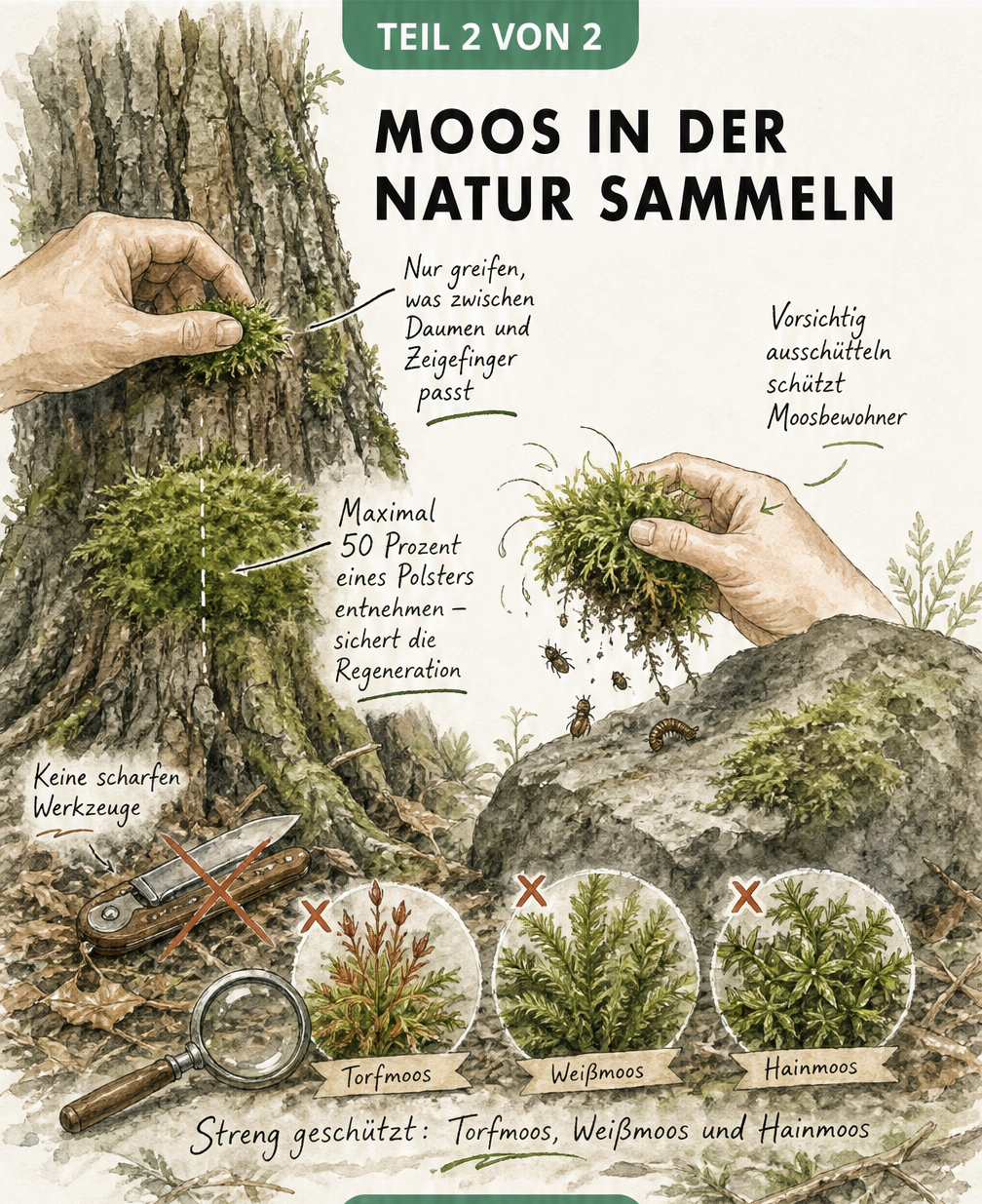 Illustration zum schonenden Sammeln von Moos im Wald