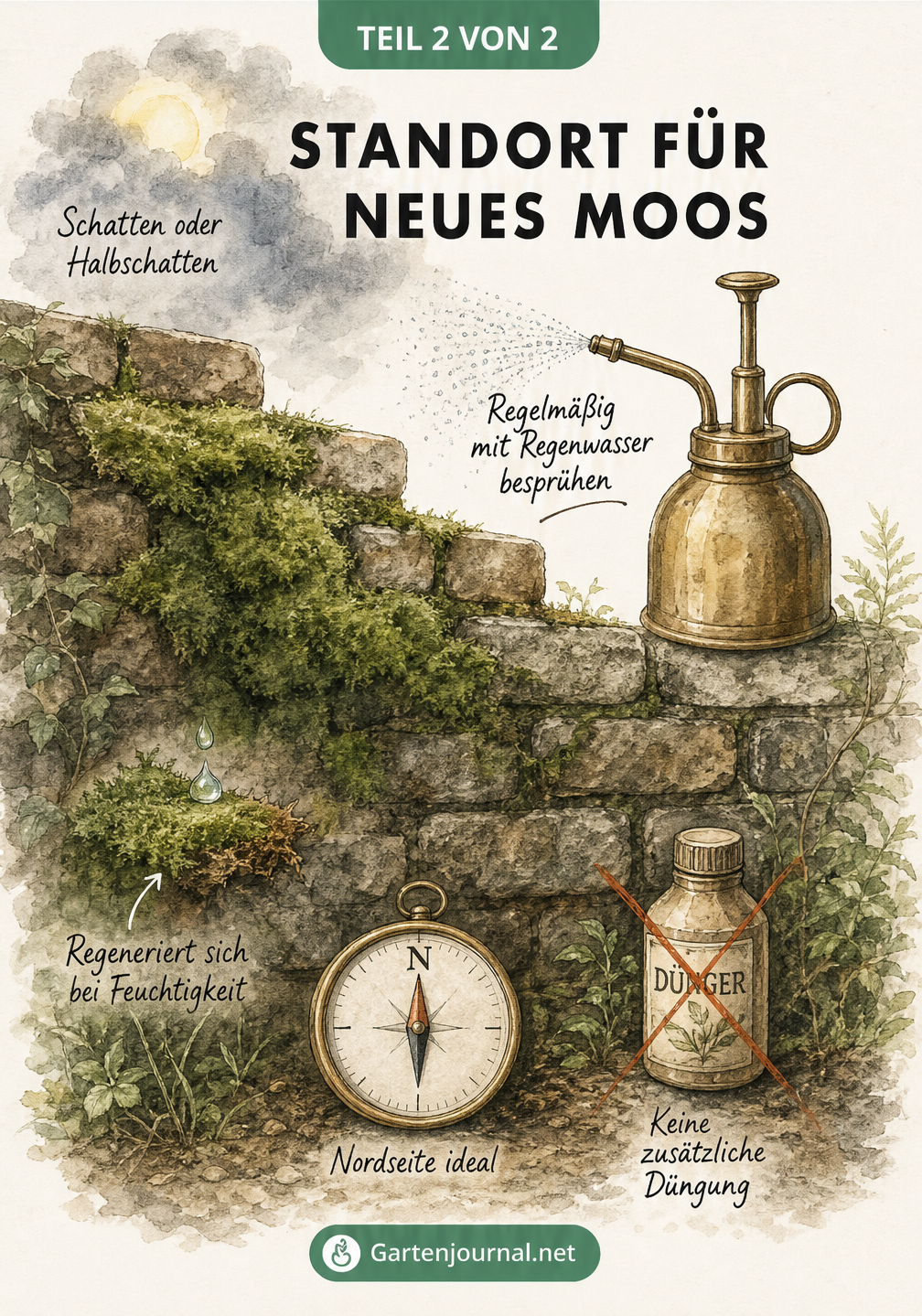 Illustration eines idealen Standorts für Moos an einer Ziegelmauer im Halbschatten mit Hinweisen zur Pflege