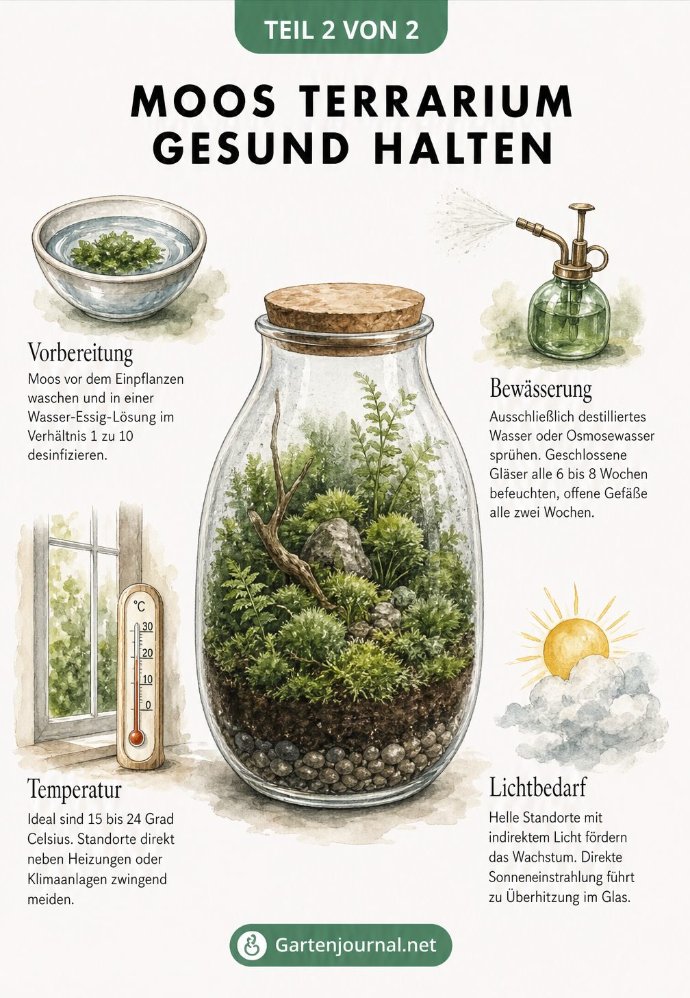 Illustration zur Pflege eines Moos-Terrariums mit Hinweisen zu Bewässerung, Temperatur, Lichtbedarf und Vorbereitung.