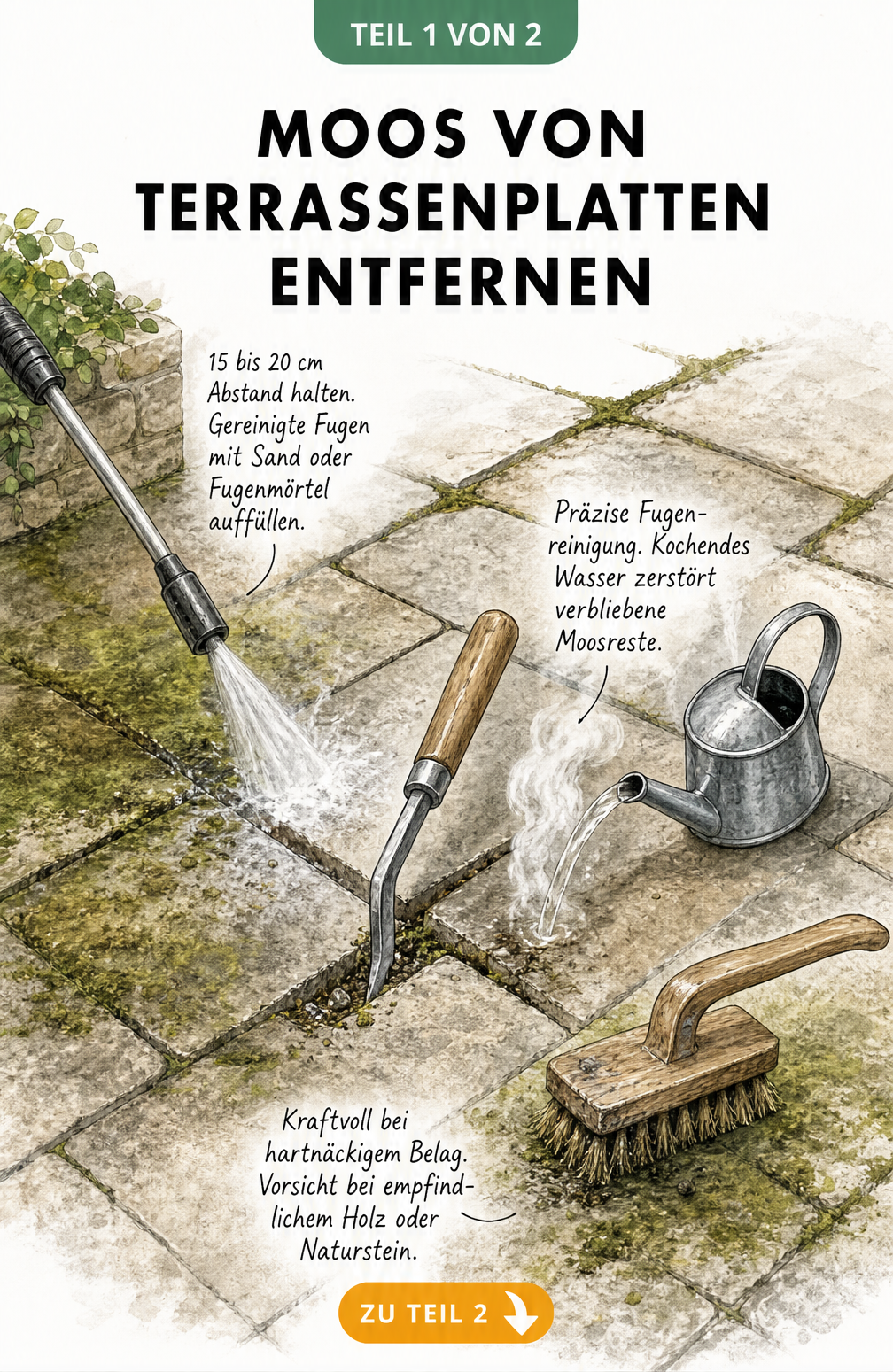 Illustration einer Terrasse, auf der Moos mit Hochdruckreiniger, Fugenkratzer und Drahtbürste entfernt wird