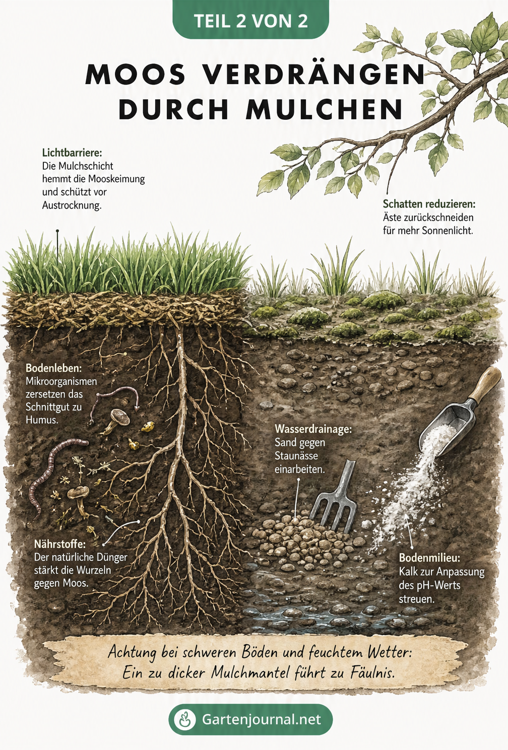 Querschnitt einer Gartenlandschaft, der den Übergang von gesundem, gemulchtem Rasen zu verdichtetem Boden mit Moos zeigt