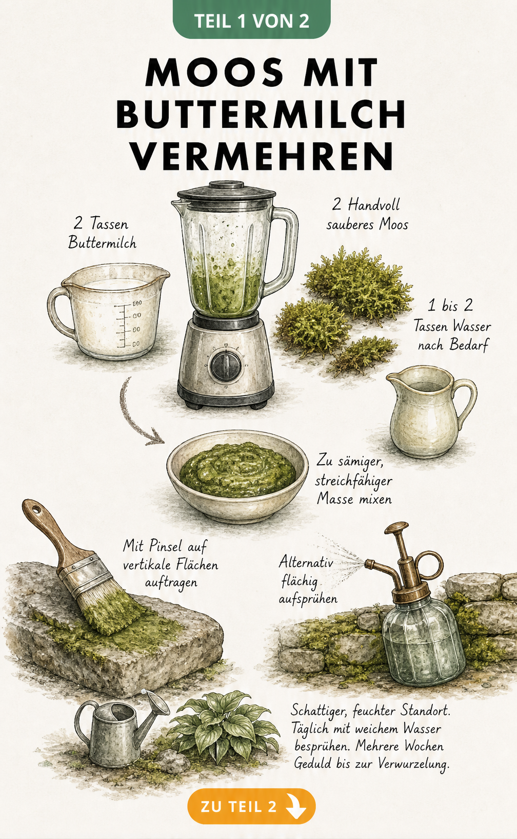 Illustration eines Rezepts zur Moosvermehrung mit Buttermilch, Mixer und Pinsel