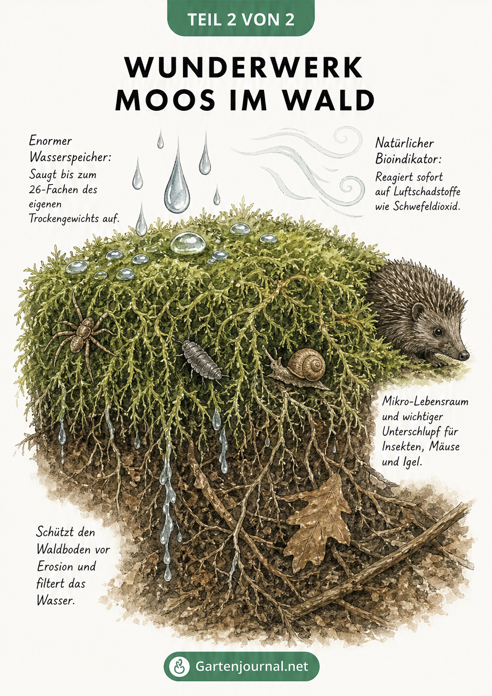 Querschnitt durch ein Moospolster im Wald mit Wassertropfen, Insekten und Wurzeln