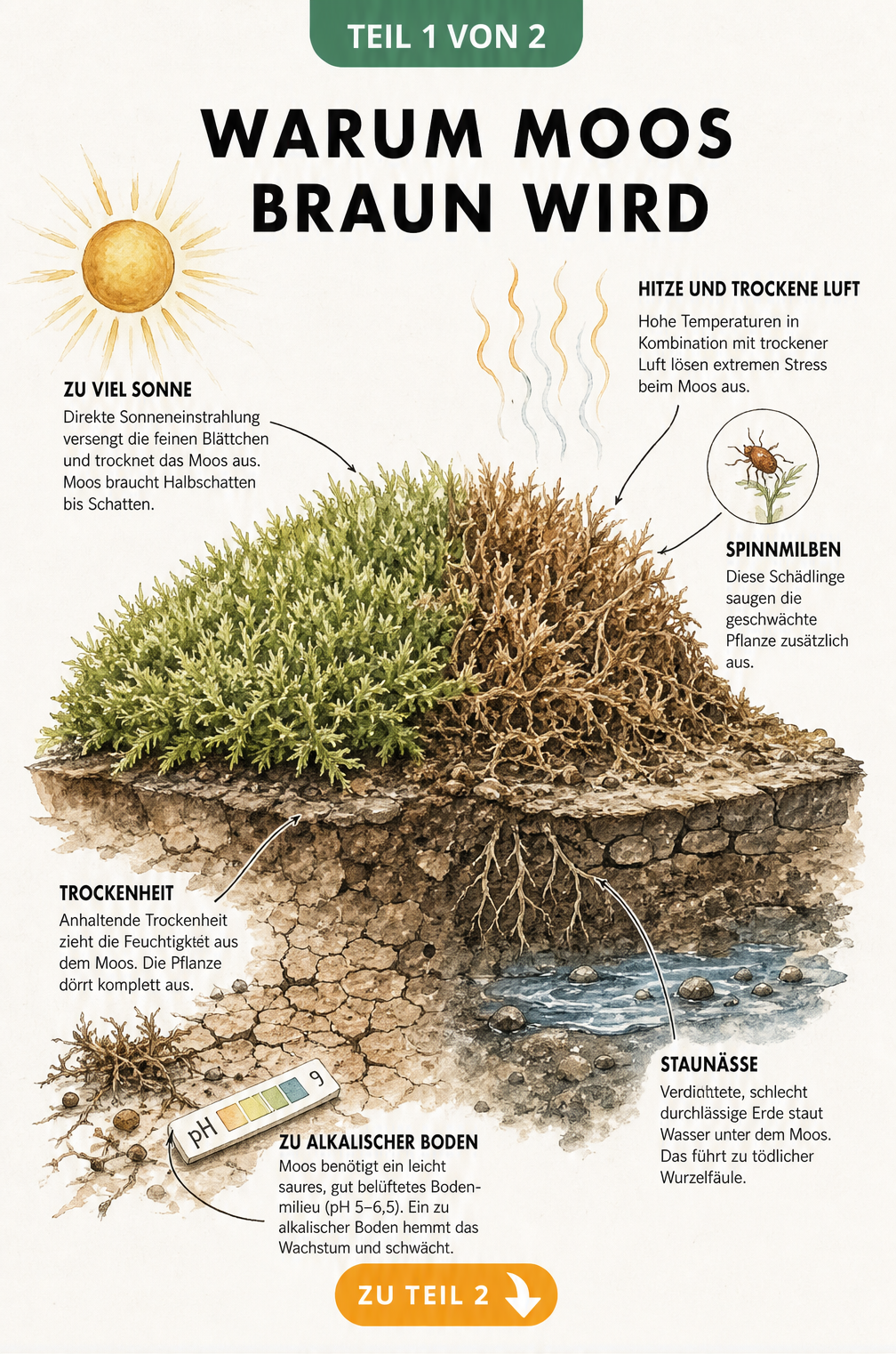 Illustration eines Moospolsters, das zur Hälfte grün und zur Hälfte braun ist, umgeben von Stressfaktoren wie Sonne, Hitze, Staunässe und Trockenheit.