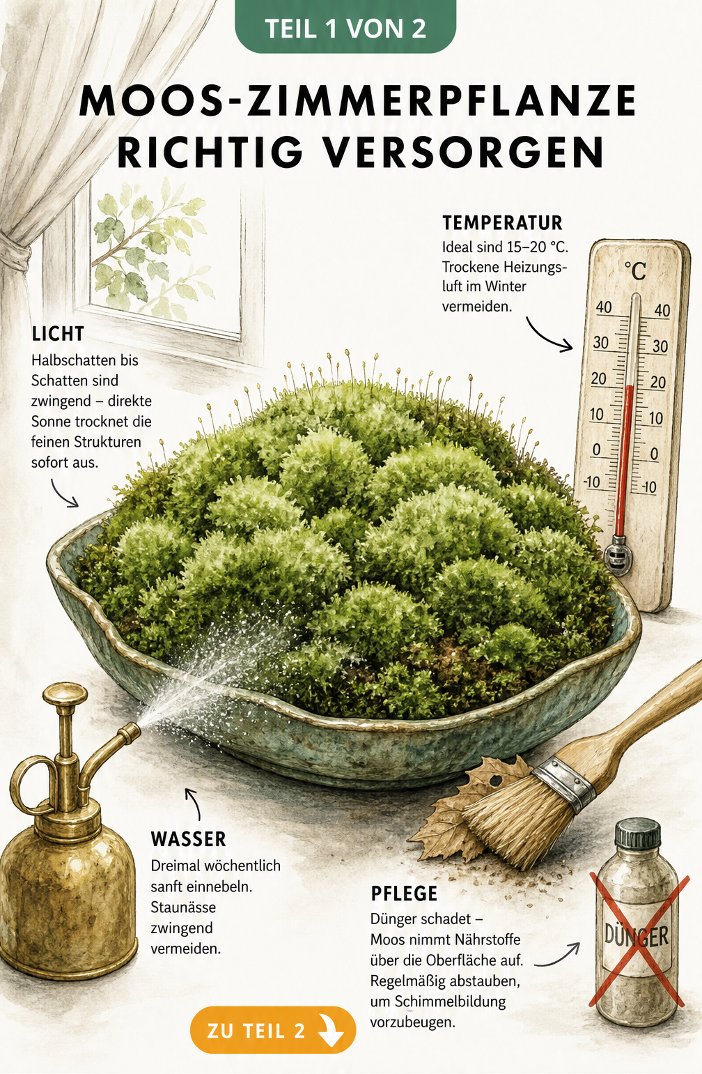 Botanische Illustration eines Moospolsters in einer Pflanzschale mit Pflegehinweisen zu Licht, Temperatur und Bewässerung