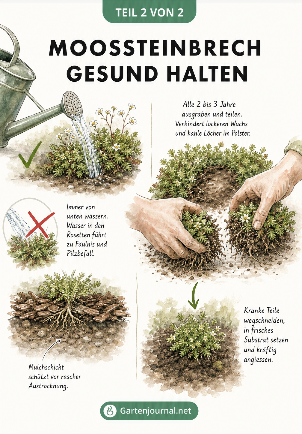 Illustration zur Pflege von Moossteinbrech, die das richtige Gießen von unten und das Teilen der Pflanze zur Verjüngung zeigt.