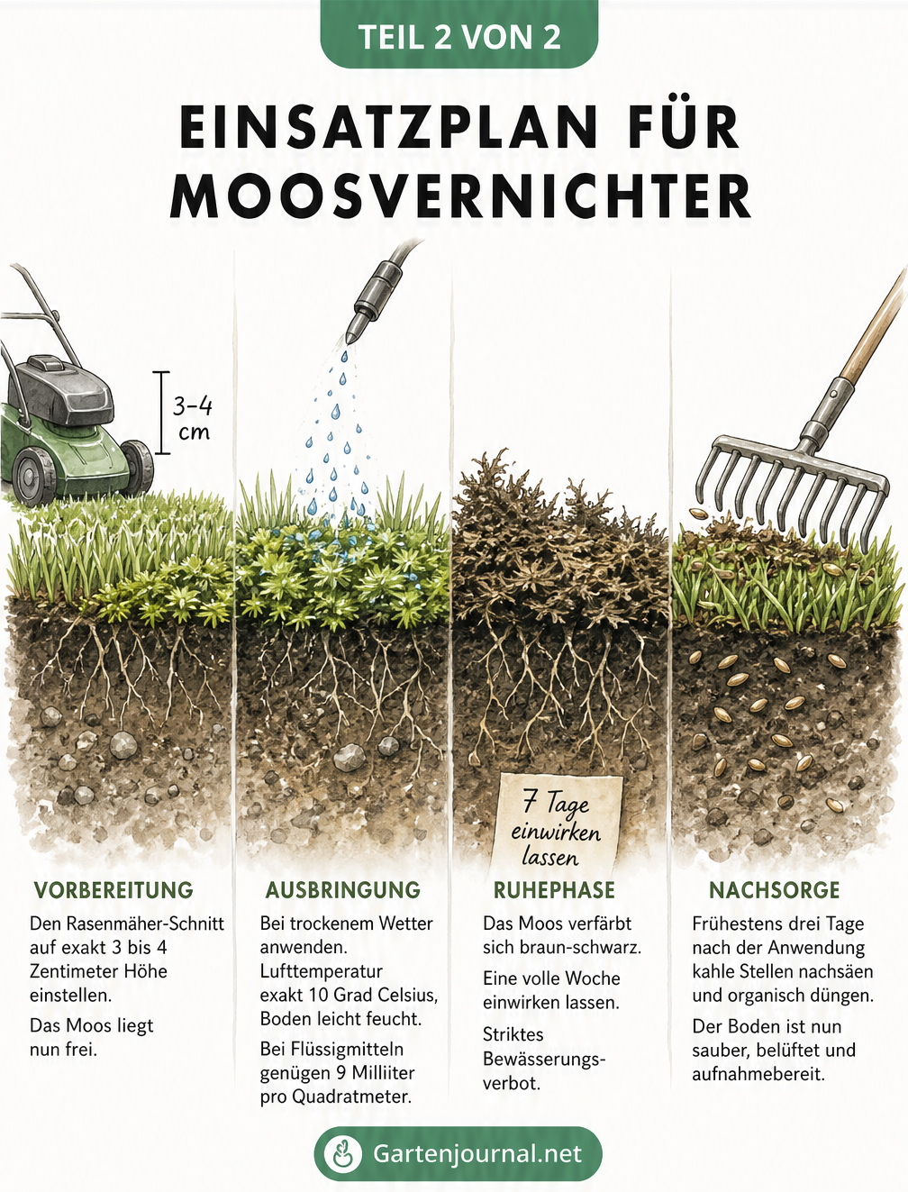 Querschnitt durch einen Rasen, der den zeitlichen Ablauf der Moosbekämpfung von der Vorbereitung über die Ausbringung und Ruhephase bis zur Nachsorge zeigt.
