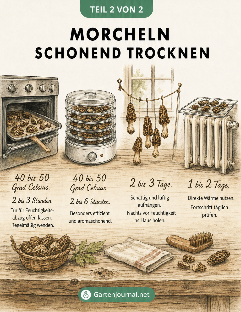 Illustration von vier Methoden zum Trocknen von Morcheln: im Backofen, im Dörrautomat, an der Luft und auf der Heizung mit Temperatur- und Zeitangaben.