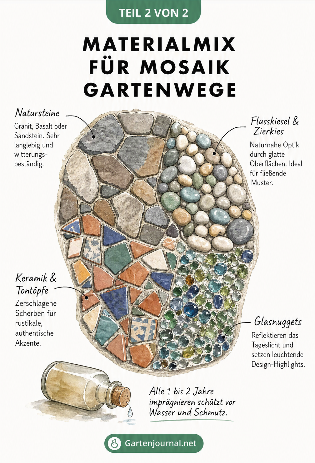 Aufsicht auf ein Mosaik-Segment mit verschiedenen Materialien wie Natursteinen, Flusskieseln, Keramikscherben und Glasnuggets