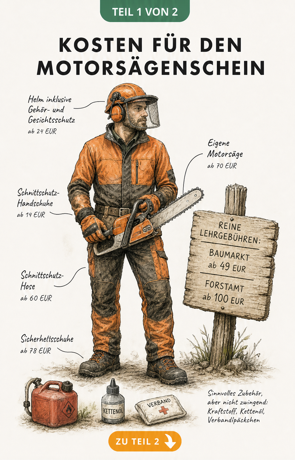 Illustration eines Waldarbeiters mit Schutzausrüstung und Kostenübersicht für den Motorsägenschein