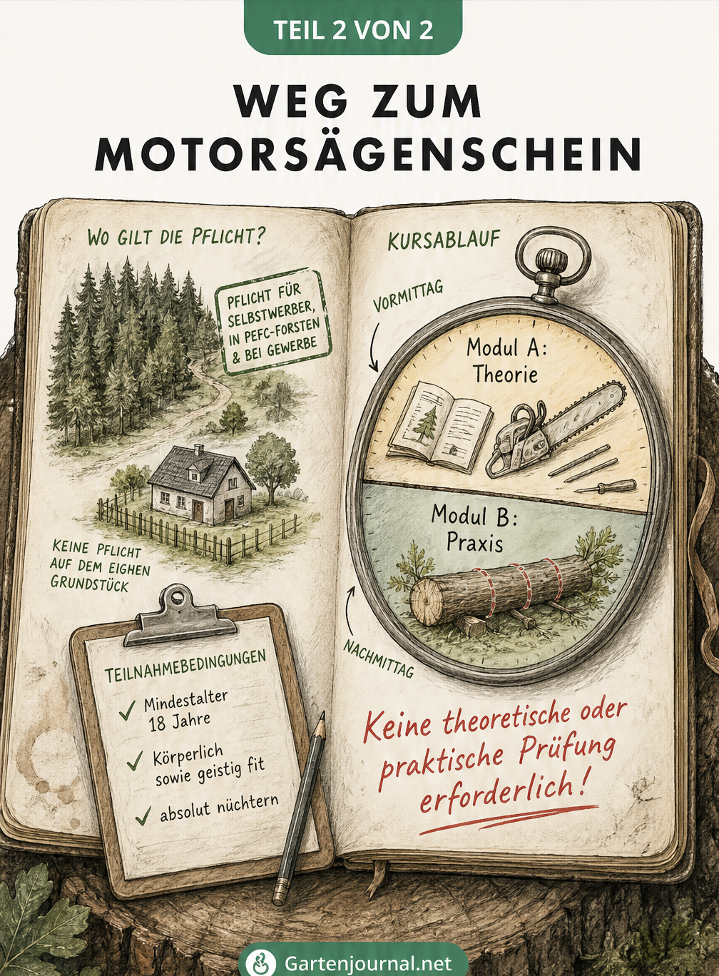 Skizze eines Förster-Notizbuchs mit Landkarte zur Pflicht des Motorsägenscheins und Taschenuhr zum Kursablauf