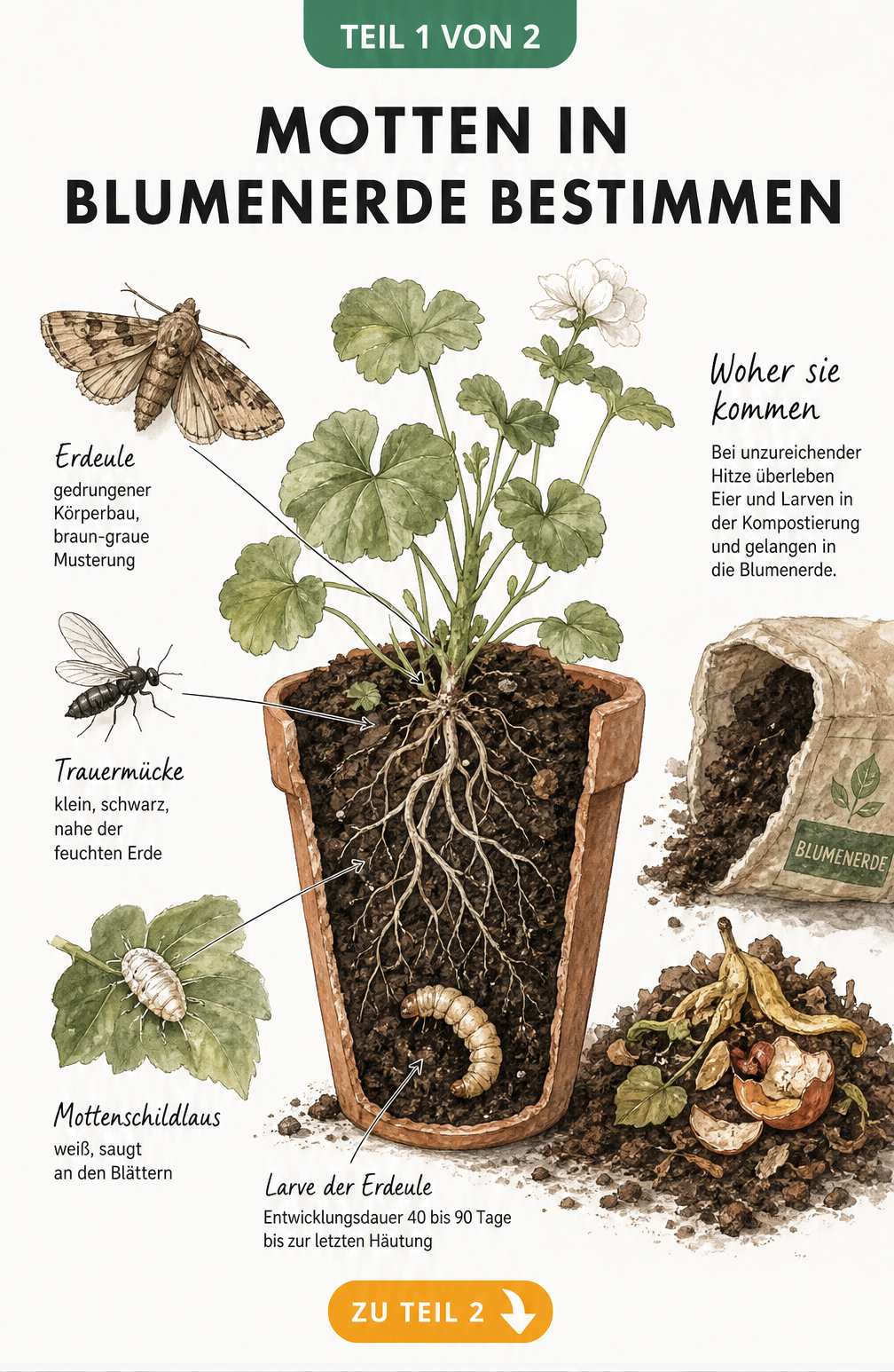 Botanische Illustration von Erdeule, Trauermücke und Mottenschildlaus an einer Topfpflanze sowie Ursachen für Motten in Blumenerde.