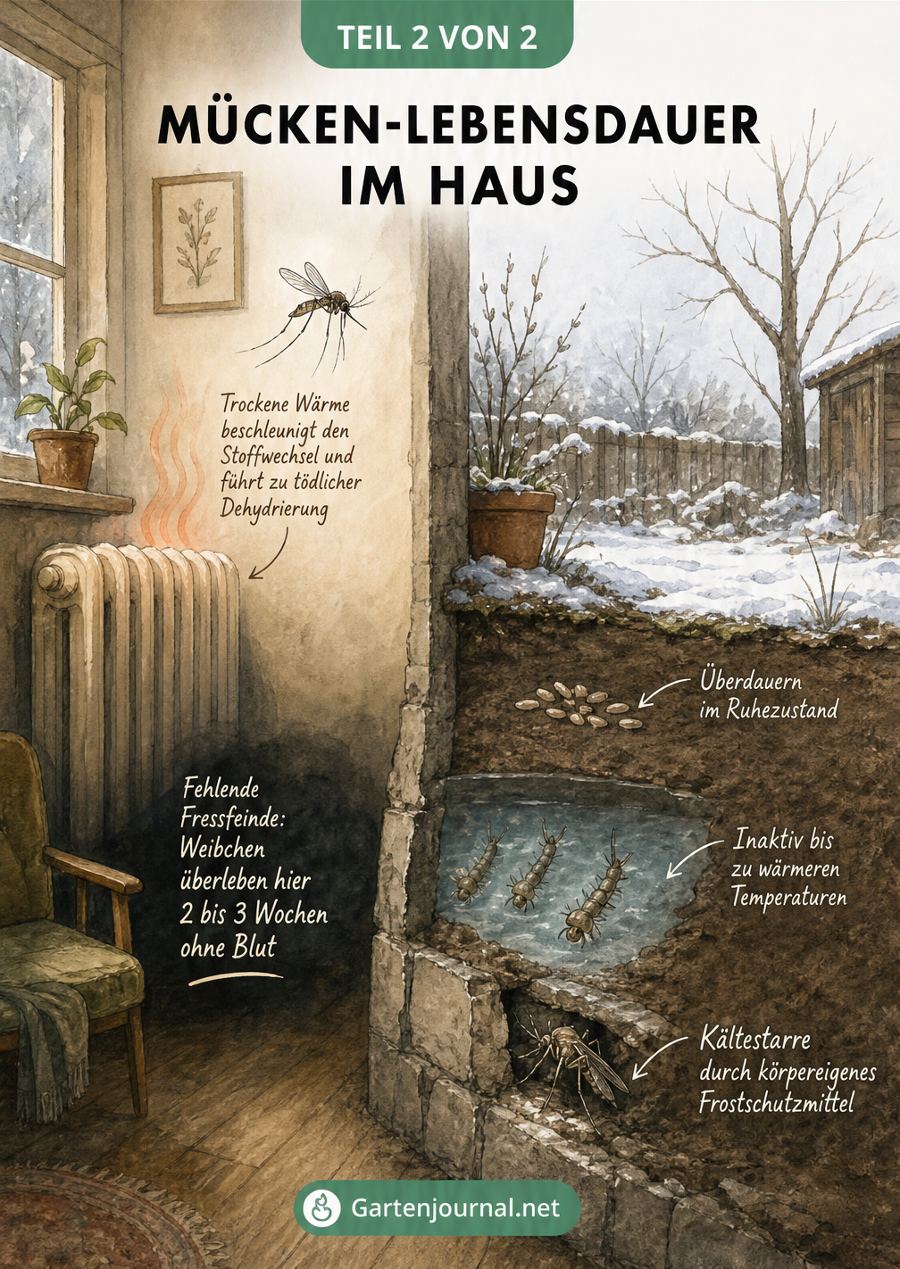 Querschnitt eines Hauses und Gartens, der die Lebensdauer von Mücken im Innen- und Außenbereich zeigt