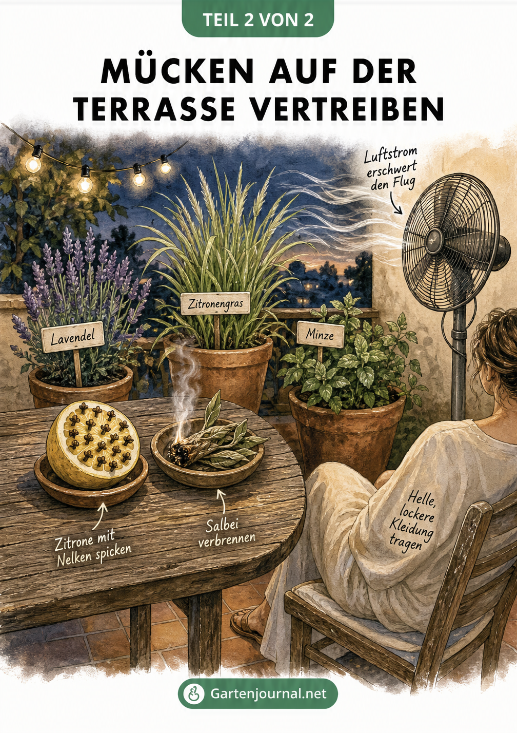 Illustration einer Terrasse mit Hausmitteln gegen Mücken wie Zitrone mit Nelken, Salbei, Duftpflanzen und einem Ventilator