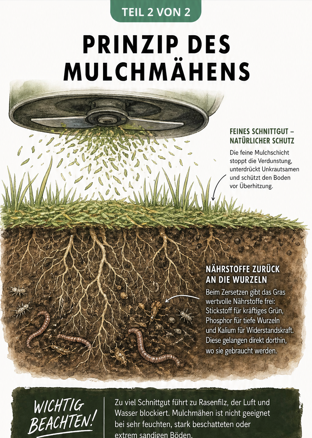 Schnittzeichnung eines Rasens mit Mulchmäher, der feines Schnittgut auf dem Boden verteilt, und Wurzeln in der Erdschicht