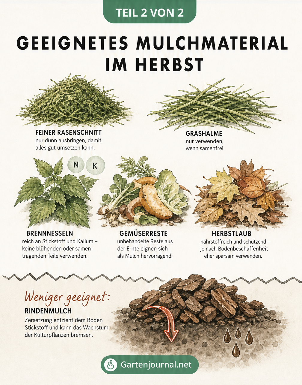 Übersicht geeigneter Mulchmaterialien wie Rasenschnitt, Brennnesselblätter und Herbstlaub im Vergleich zu ungeeignetem Rindenmulch