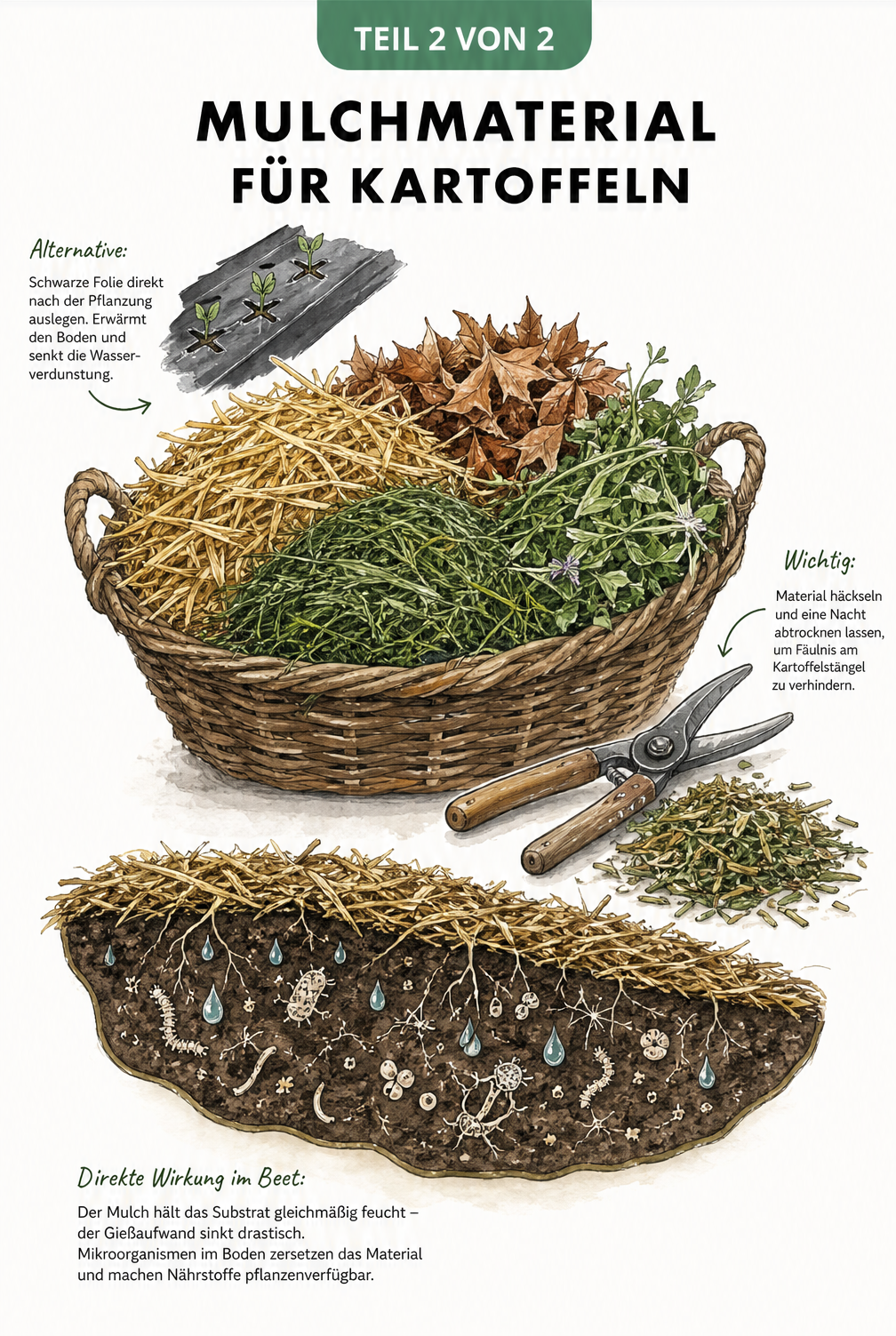 Weidenkorb gefüllt mit Mulchmaterial wie Stroh, Laub und Grasschnitt für Kartoffeln