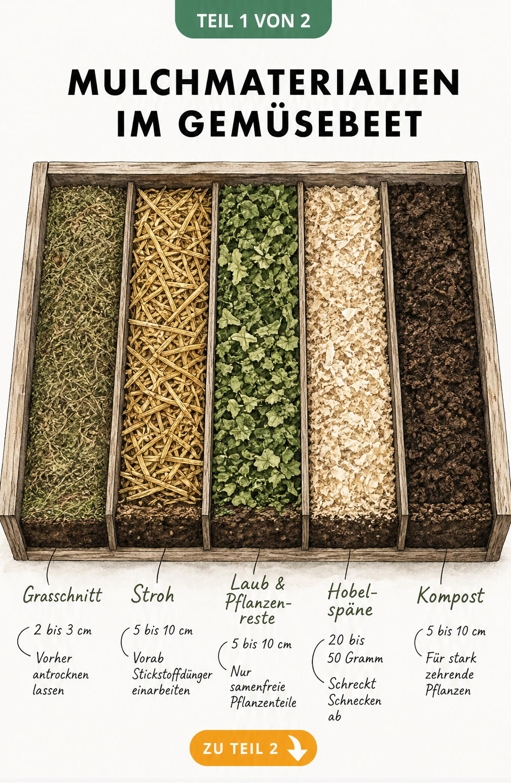 Handgezeichnete Aufsicht auf ein Gemüsebeet mit fünf verschiedenen Mulchmaterialien: Gras, Stroh, Blätter, Fasern und Erde, inklusive Schichtdicken.