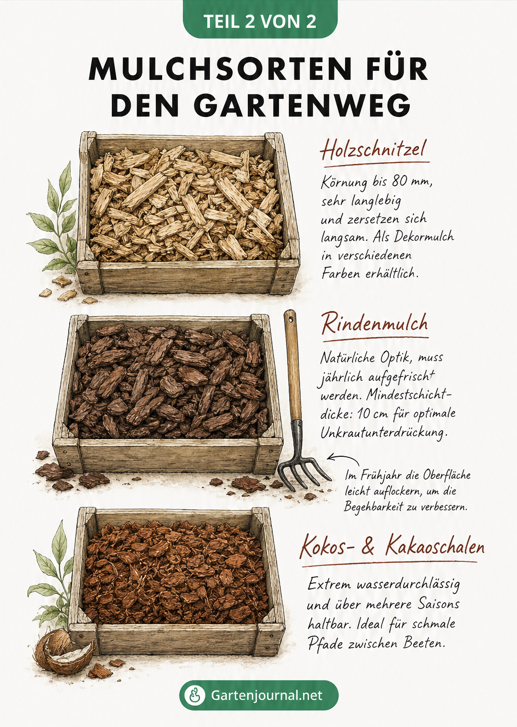 Drei Holzkisten mit verschiedenen Mulchmaterialien für Gartenwege: Holzschnitzel, Rindenmulch und Kokos- sowie Kakaoschalen mit ihren Eigenschaften.