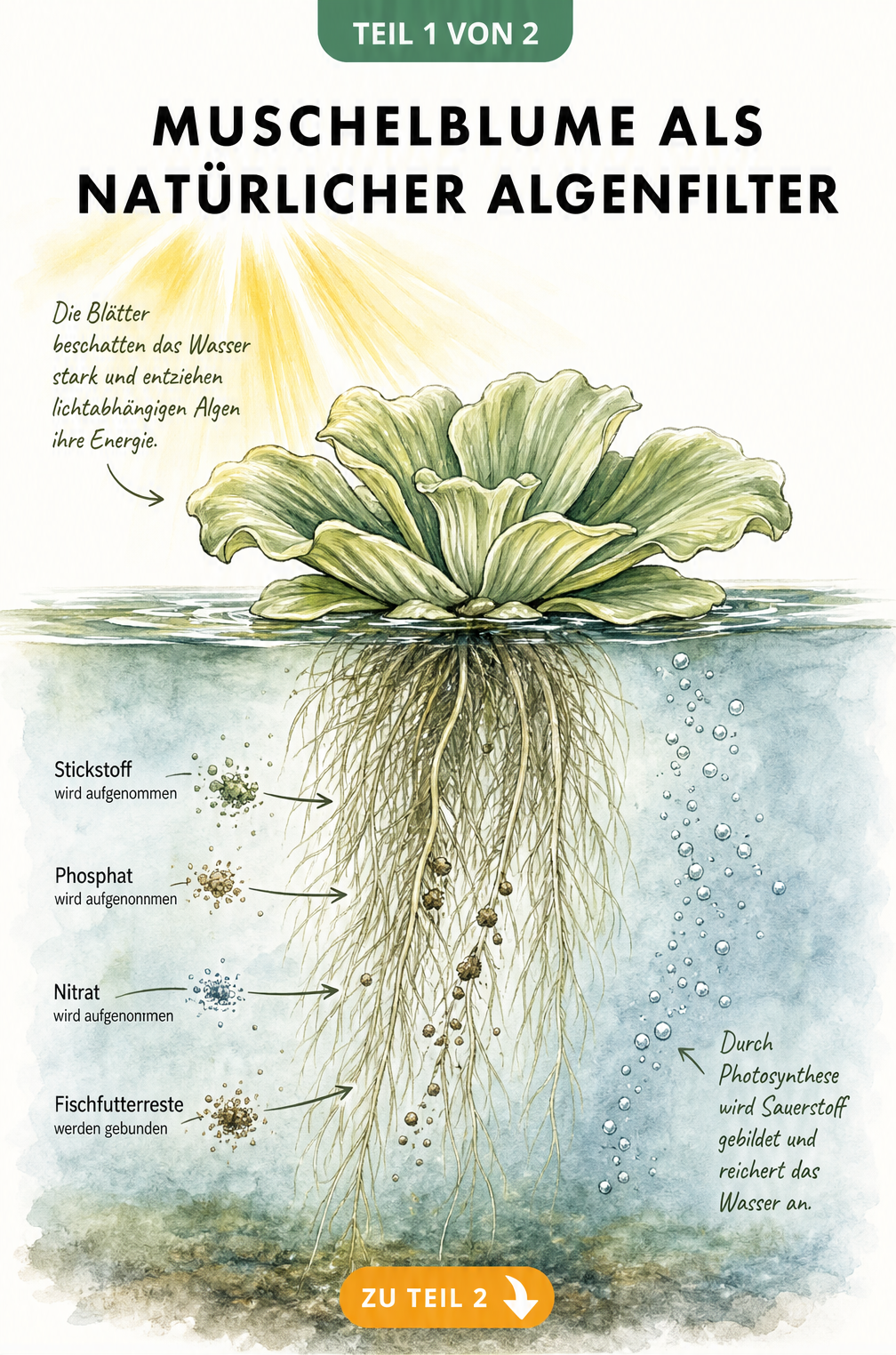 Querschnitt einer Muschelblume im Wasser, deren Wurzeln Nährstoffe wie Stickstoff und Phosphat aufnehmen und Algen das Licht nehmen