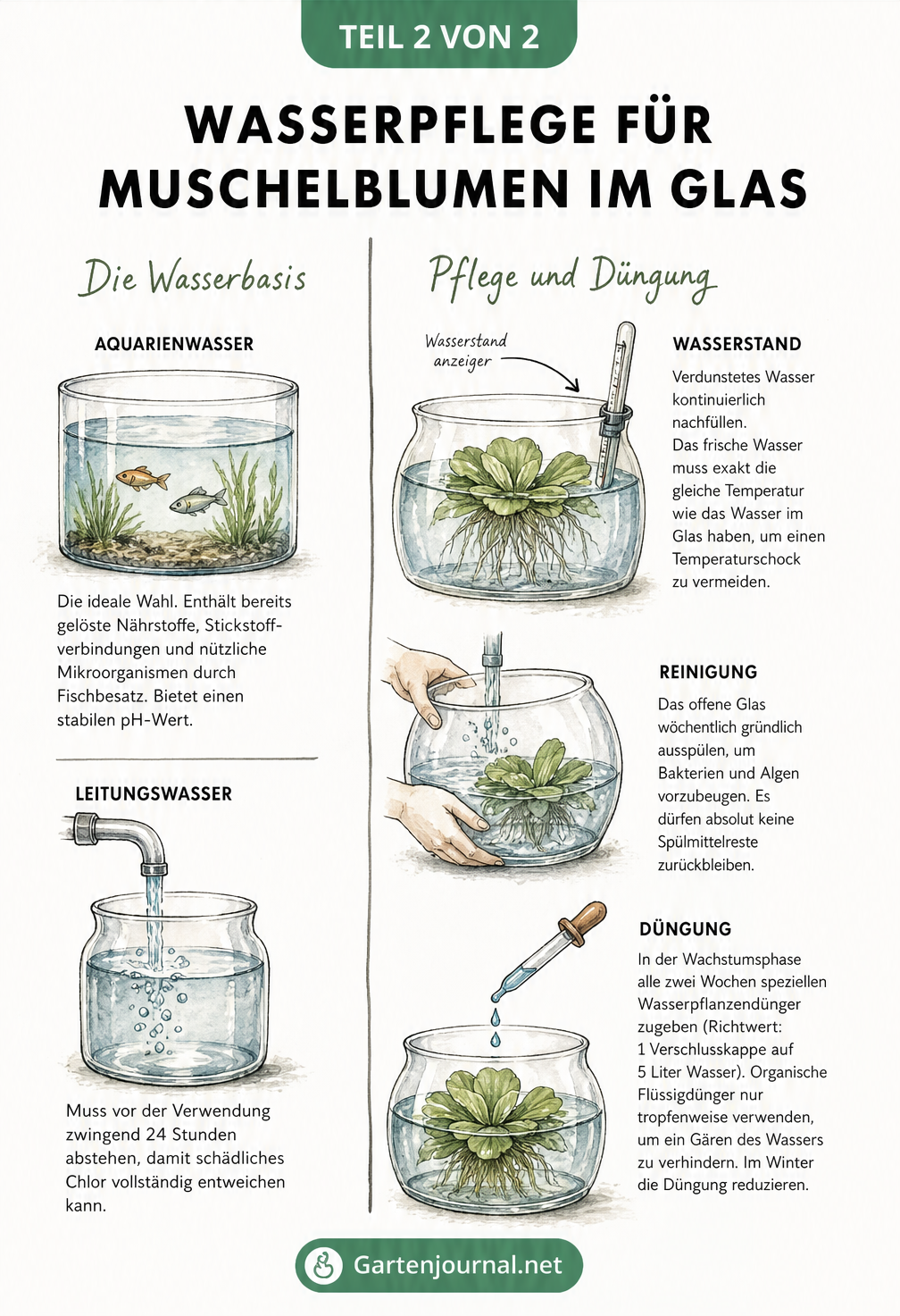 Skizze zur Wasserpflege einer Muschelblume im Glas, die Aquariumwasser und Leitungswasser vergleicht sowie Tipps zu Wasserstand, Reinigung und Düngung gibt.