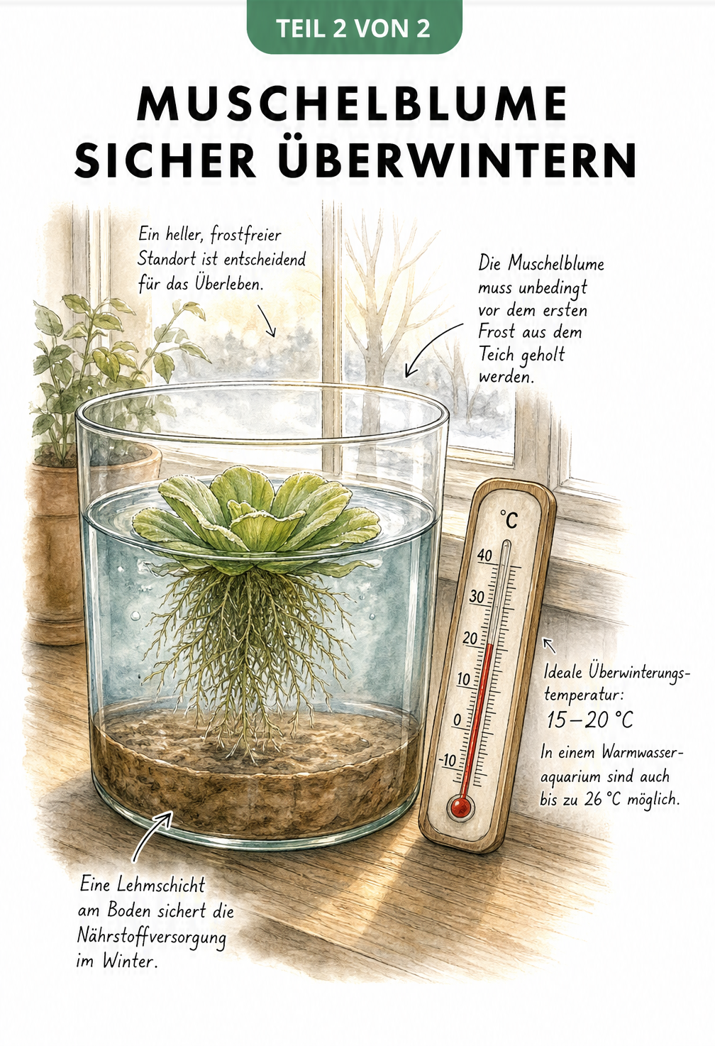 Schnittzeichnung eines Glasgefäßes auf einer Fensterbank zur Überwinterung der Muschelblume bei 15 bis 20 Grad