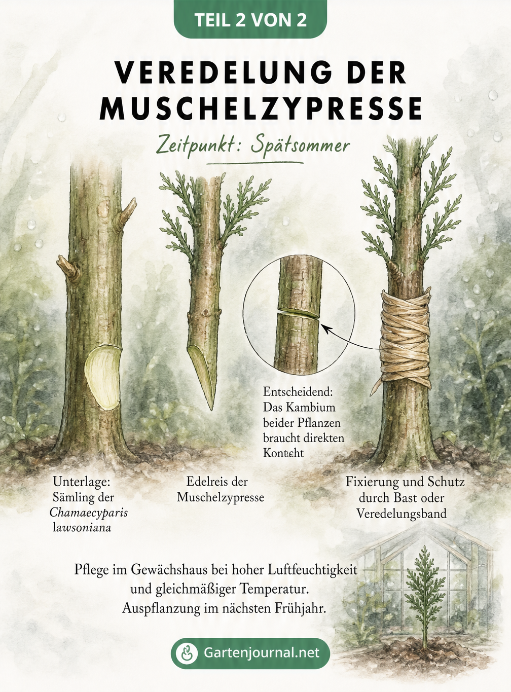 Detailzeichnung der Veredelung einer Muschelzypresse auf einer Unterlage