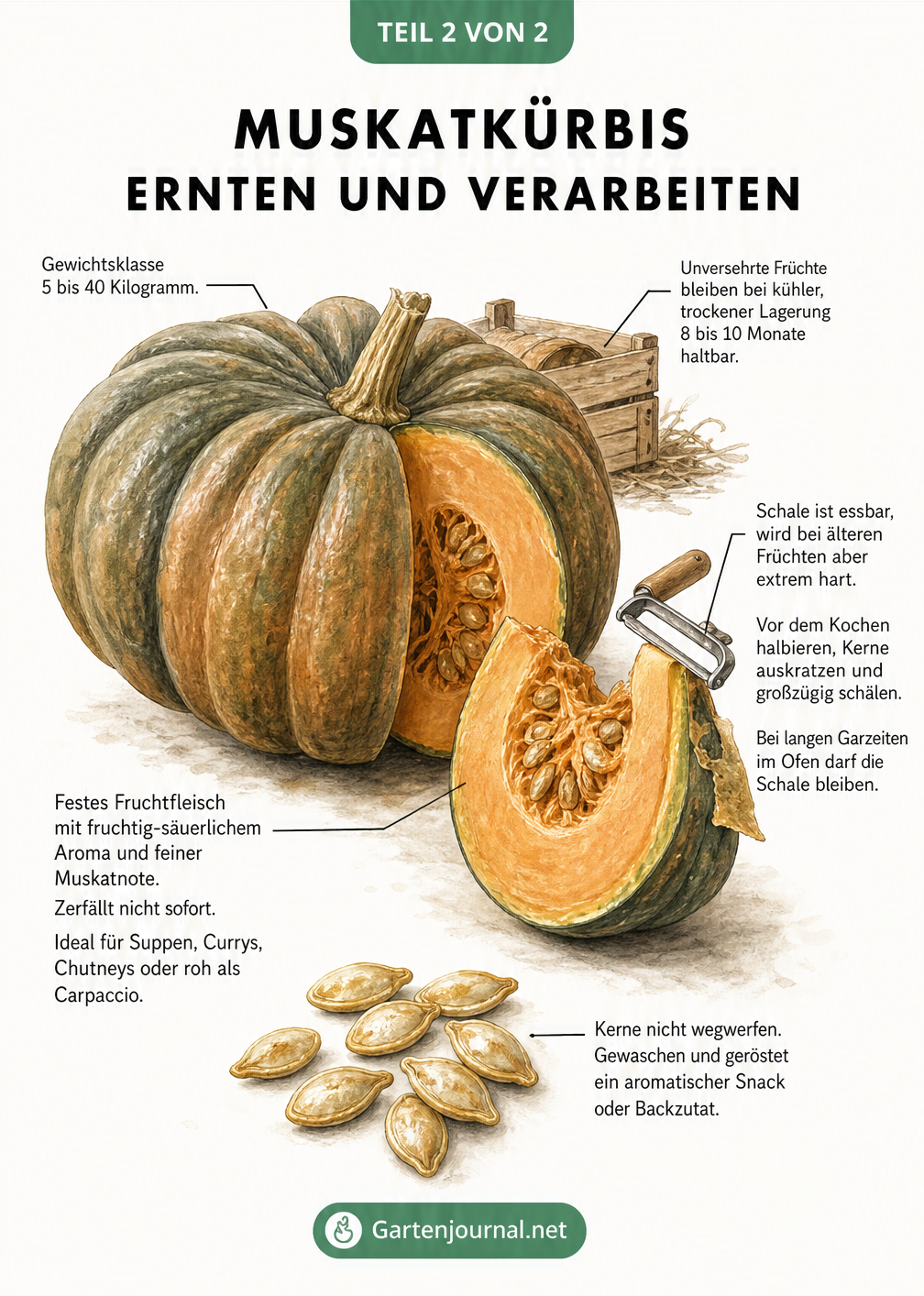 Illustration eines aufgeschnittenen Muskatkürbisses mit sichtbarem Fruchtfleisch und Kernen