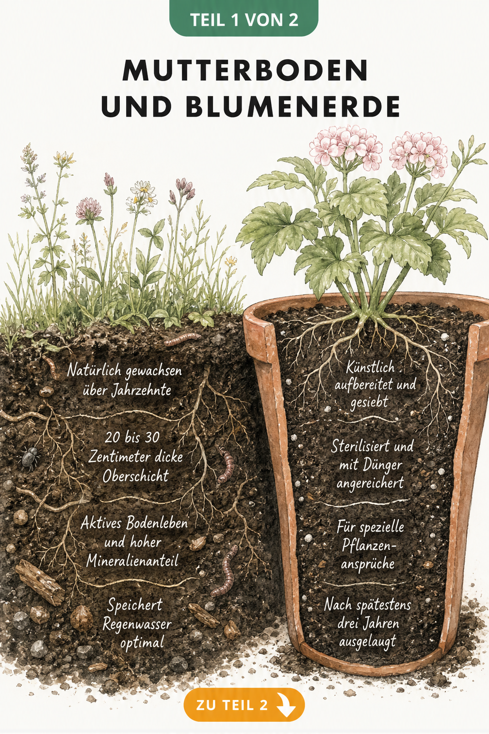 Querschnitt durch Gartenboden und Terrakotta-Topf mit Erde