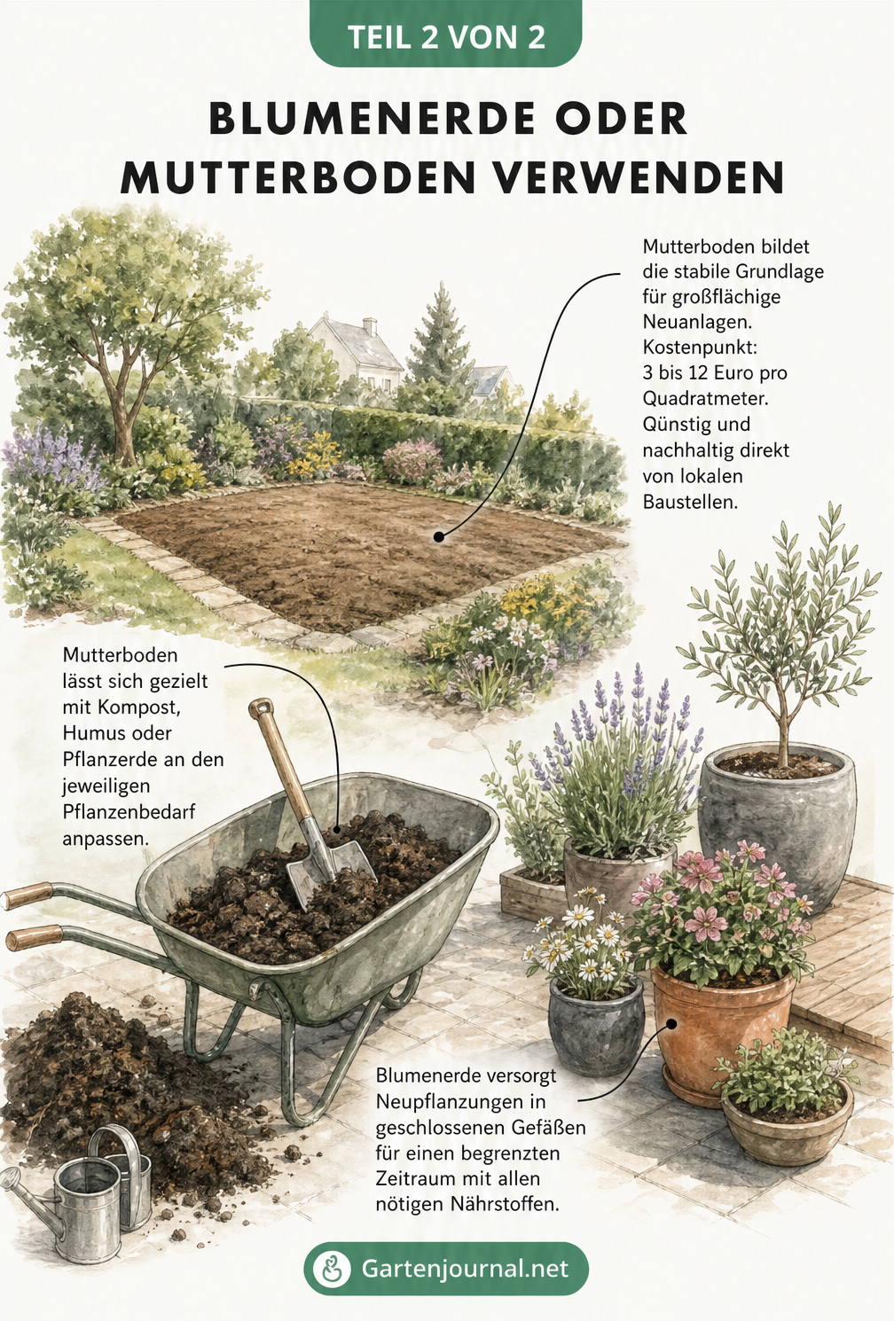 Gartenszene mit Neuanlage, Schubkarre und bepflanzten Kübeln