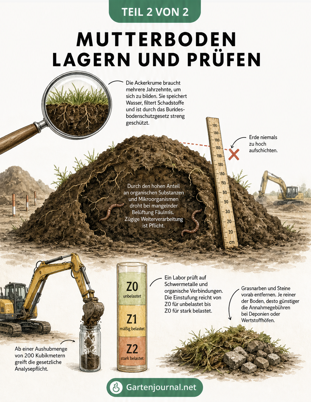Illustration zur Lagerung und Analyse von Mutterboden mit Querschnitt eines Erdhaufens