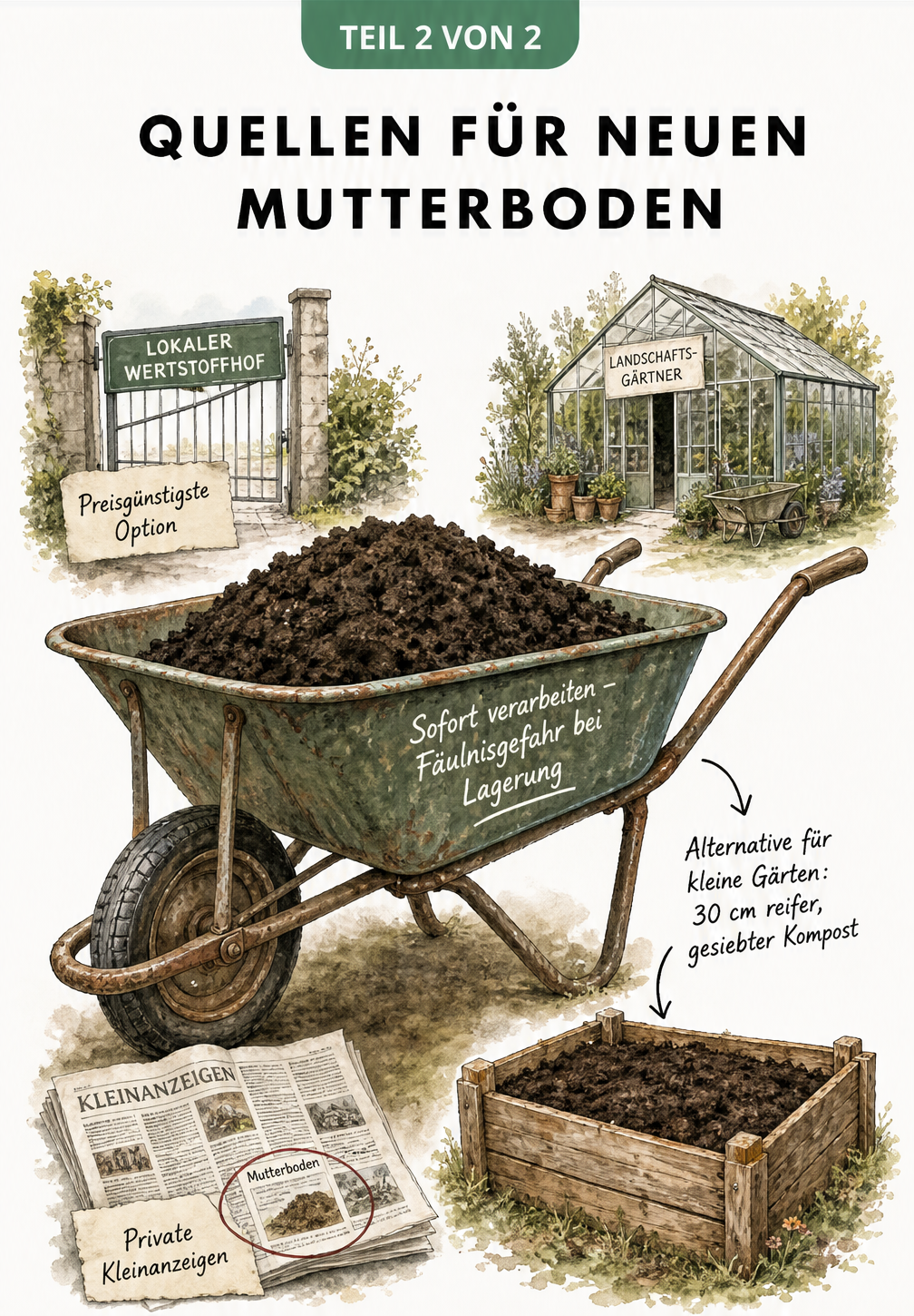Schubkarre mit Mutterboden und Quellen wie Wertstoffhof, Landschaftsgärtner und Kleinanzeigen