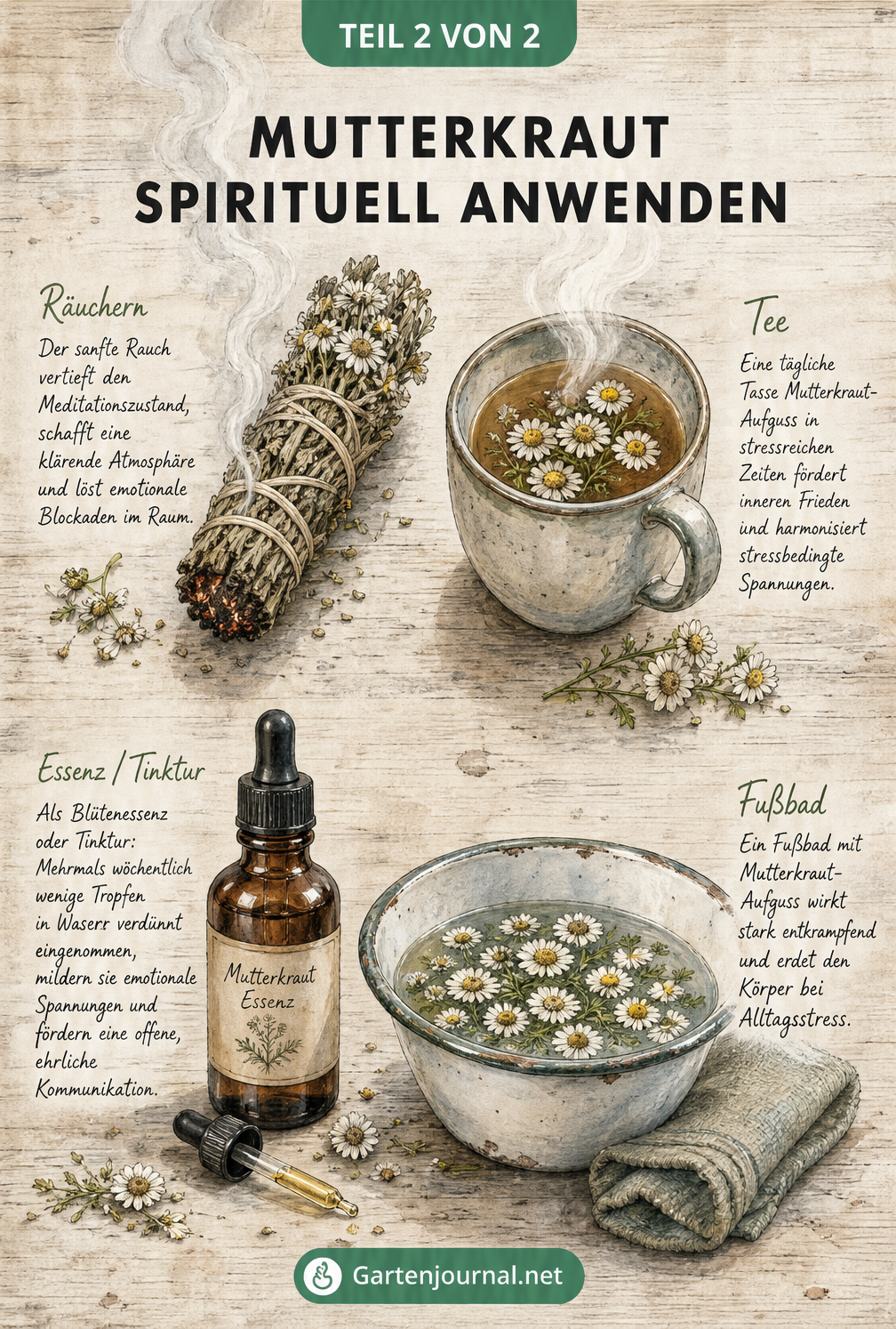 Illustration eines Kräutertisches mit Räucherbündel, Teetasse, Apothekerflasche und Waschschüssel zur spirituellen Anwendung von Mutterkraut.