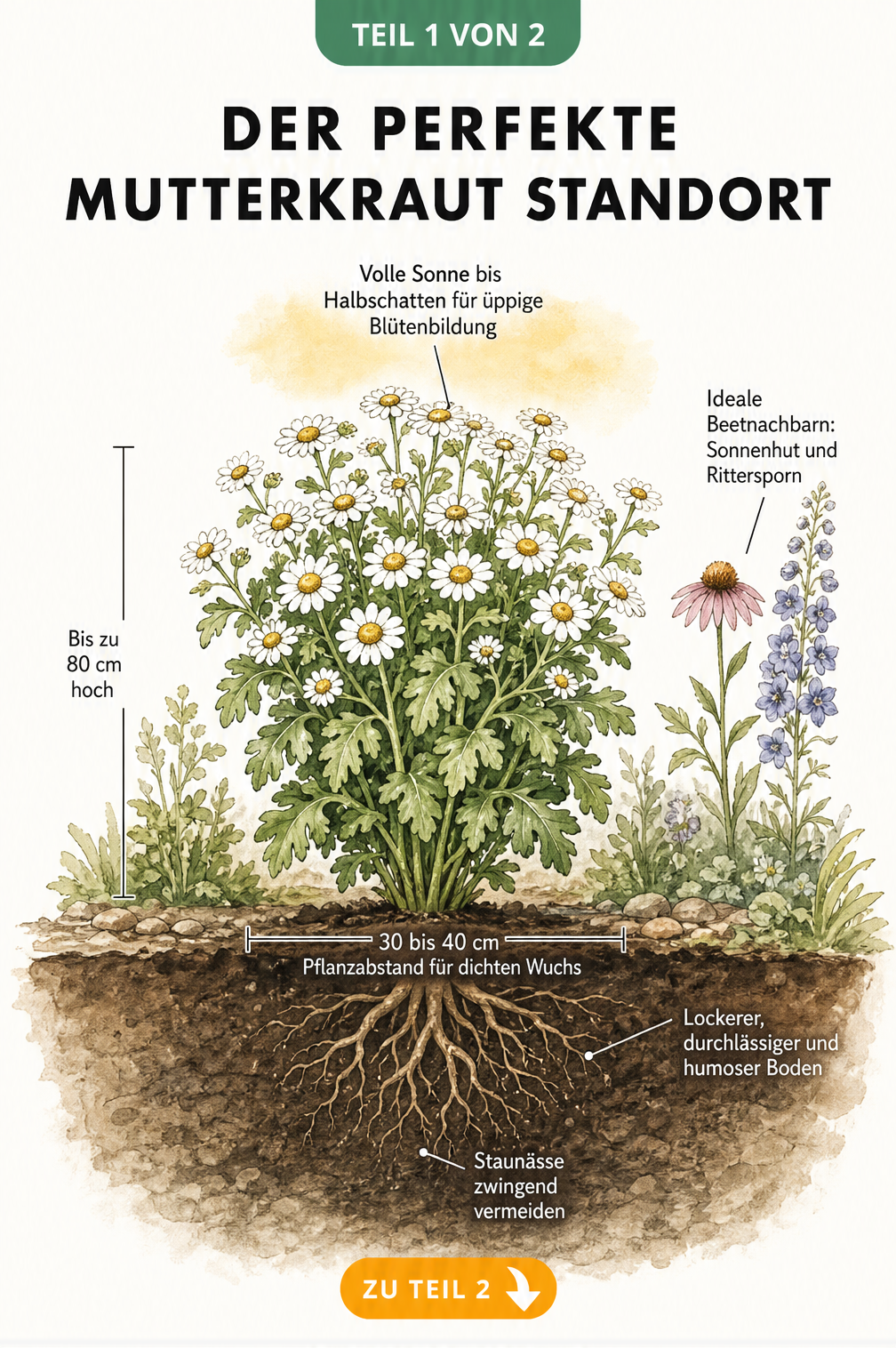 Botanische Illustration von Mutterkraut im Gartenbeet mit Querschnitt des Bodens, Lichtbedarf und Pflanzabstand