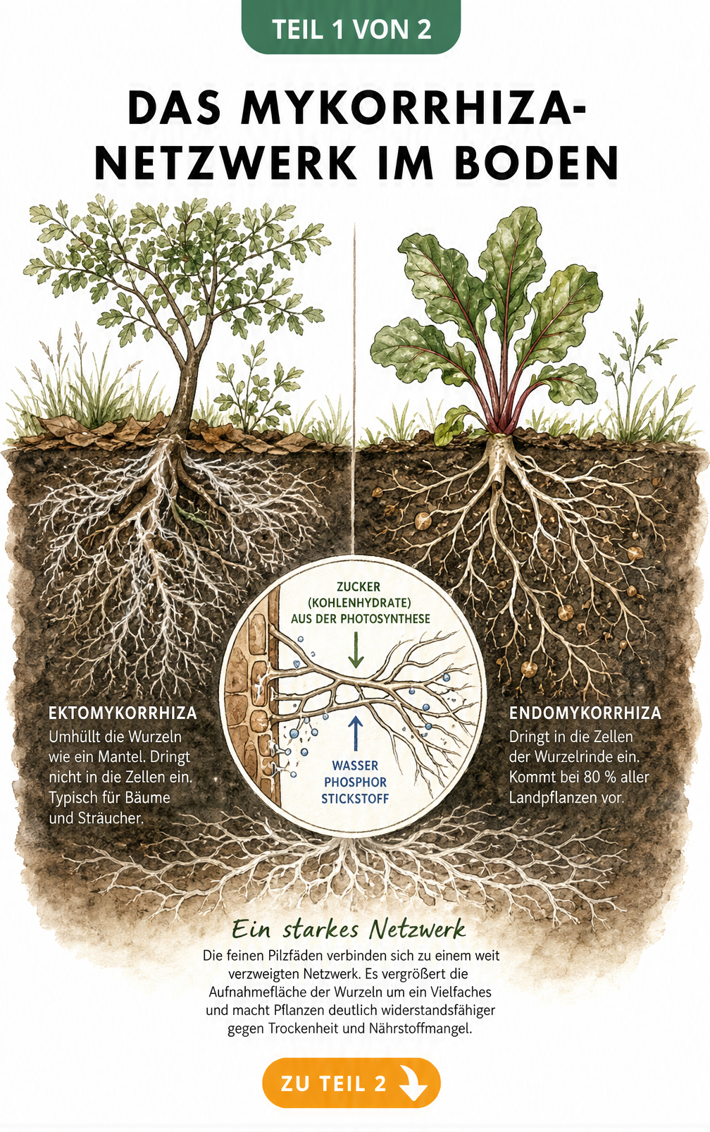 Querschnitt durch den Boden zeigt die Symbiose von Mykorrhiza-Pilzen mit Baum- und Gemüsewurzeln
