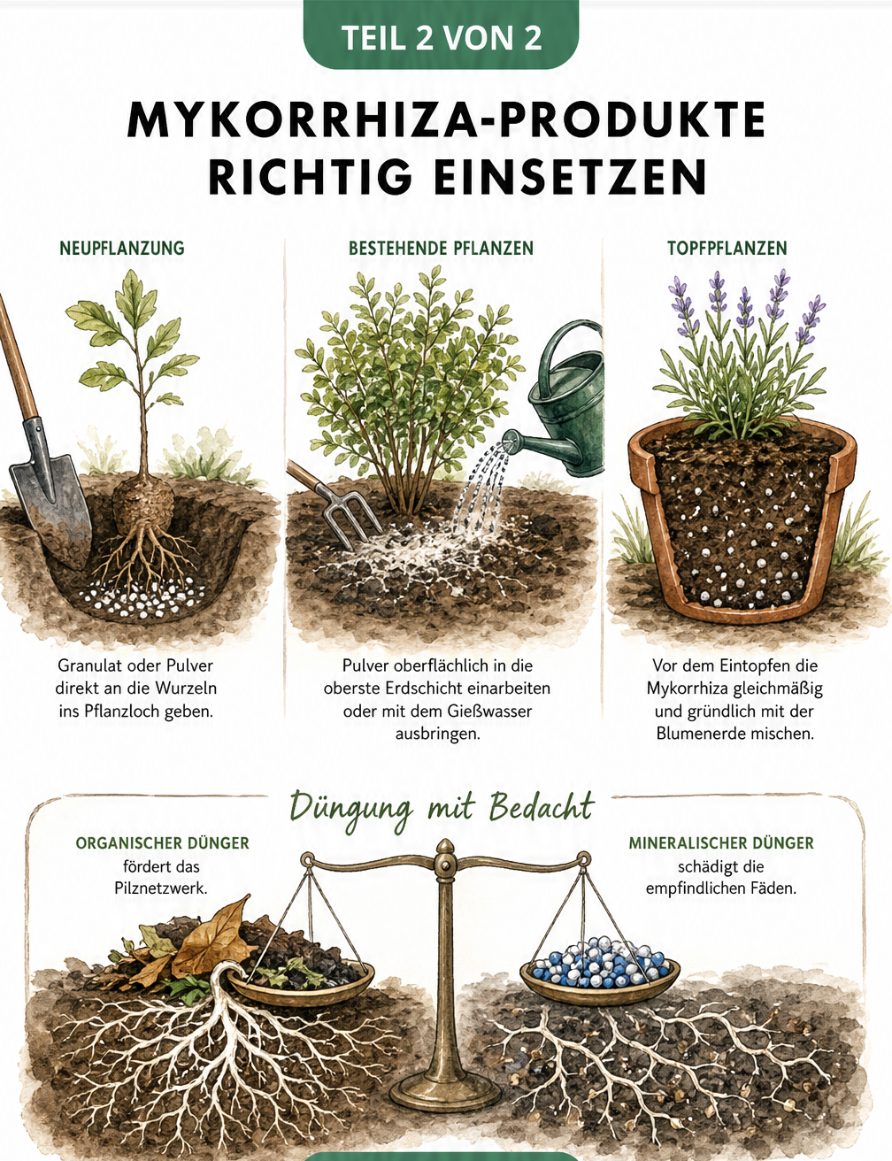 Drei Pflanzszenen zeigen die Anwendung von Mykorrhiza-Granulat bei Neupflanzungen, bestehenden Pflanzen und im Topf