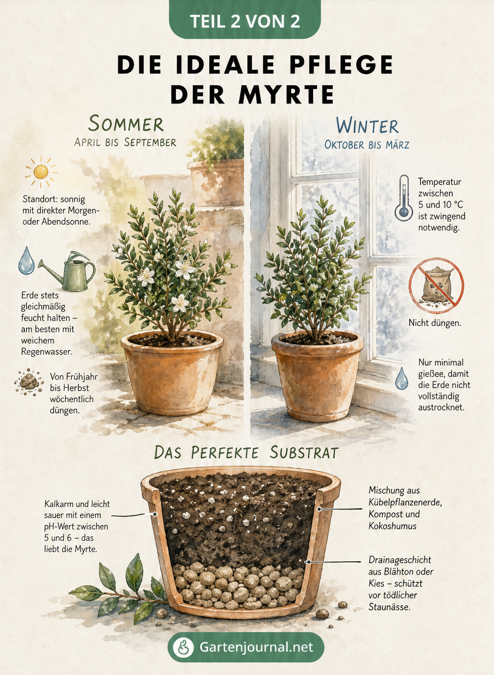 Aquarell-Illustration zur Pflege der Myrte im Sommer auf der Terrasse und im Winterquartier sowie dem idealen Substrat