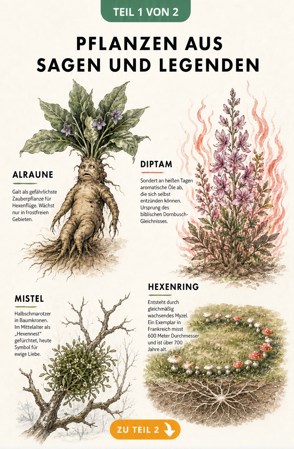 Botanische Lehrtafel mit mythischen Pflanzen wie Alraune, Diptam, Mistel und Hexenring