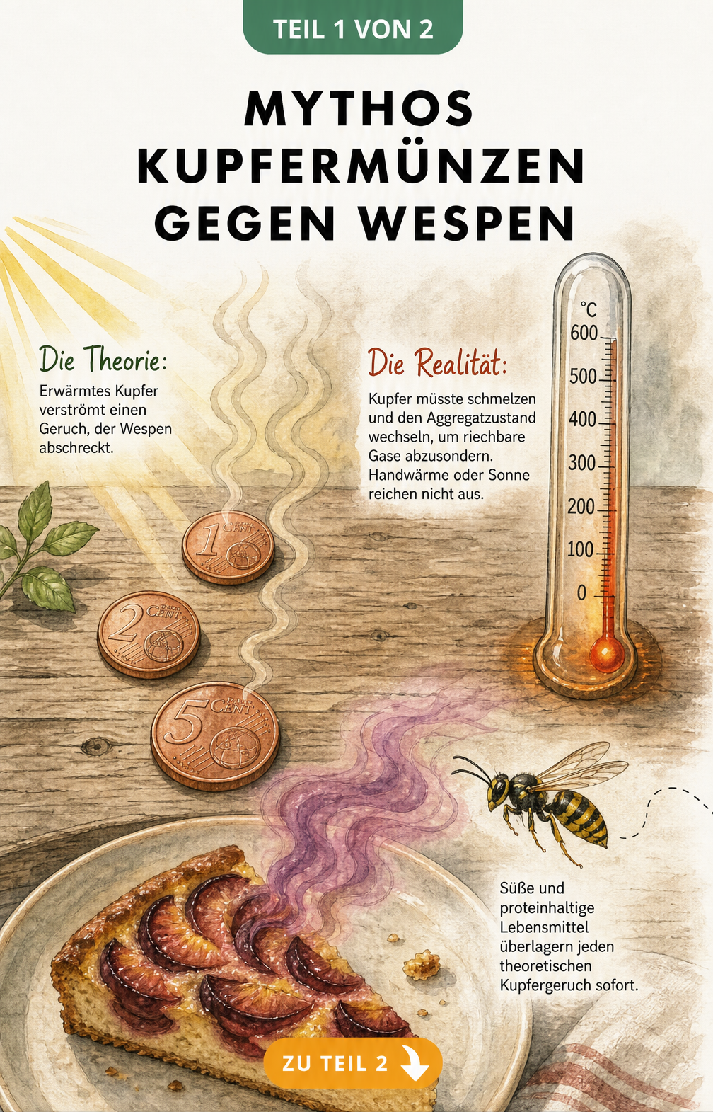 Illustration eines Gartentisches mit Kupfermünzen und Wespen, die von Pflaumenkuchen angelockt werden