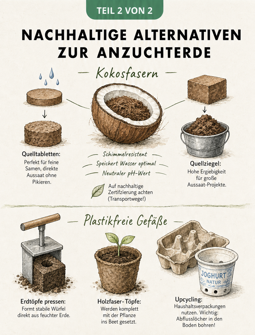 Übersicht nachhaltiger Alternativen zu Anzuchterde wie Kokos-Quelltabletten und plastikfreie Gefäße wie Erdtöpfe, Holzfasertöpfe und Upcycling-Ideen