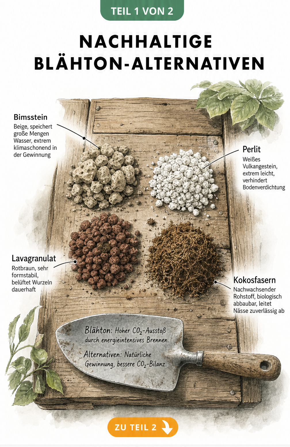 Illustration von vier nachhaltigen Blähton-Alternativen: Bimsstein, Perlit, Lavagranulat und Kokosfasern auf einem Pflanztisch