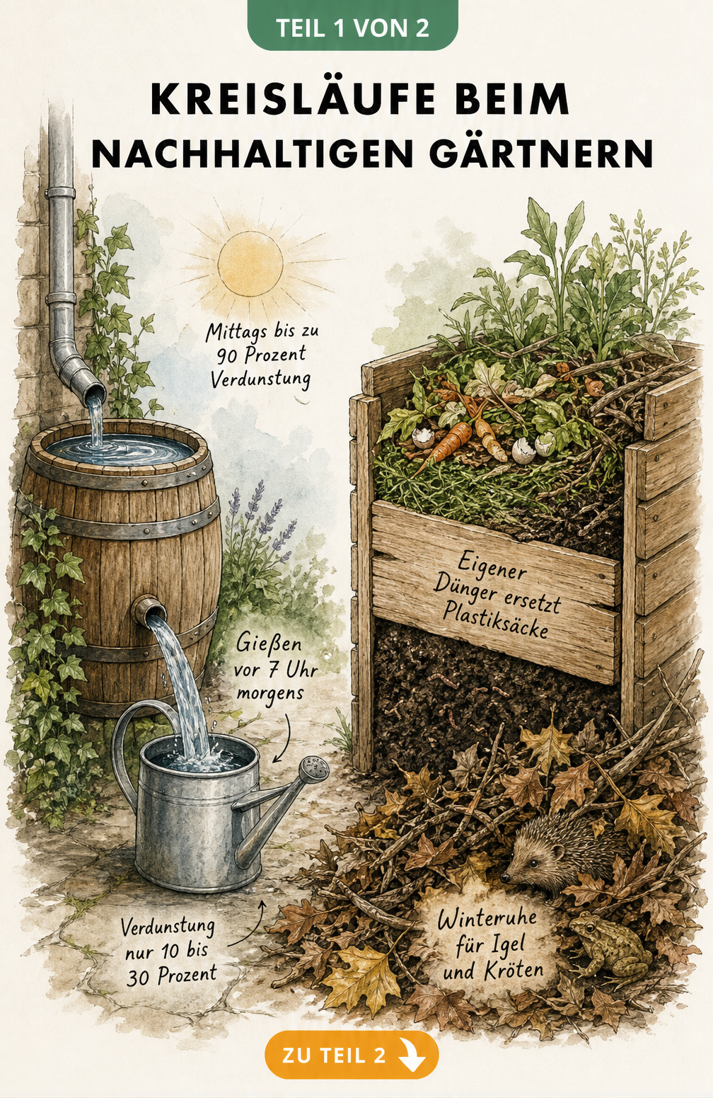 Illustration eines nachhaltigen Gartens mit Regentonne, Gießkanne und Holzkomposter