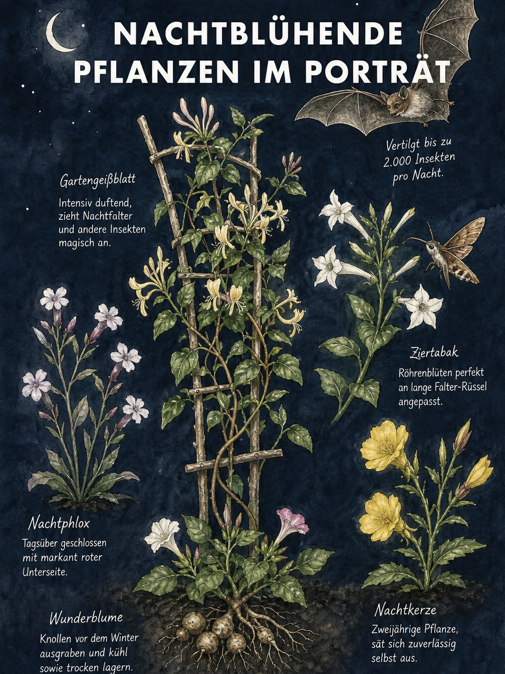 Botanische Illustration von nachtblühenden Pflanzen wie Gartengeißblatt, Ziertabak, Nachtphlox, Nachtkerze und Wunderblume mit Fledermaus und Nachtfalter
