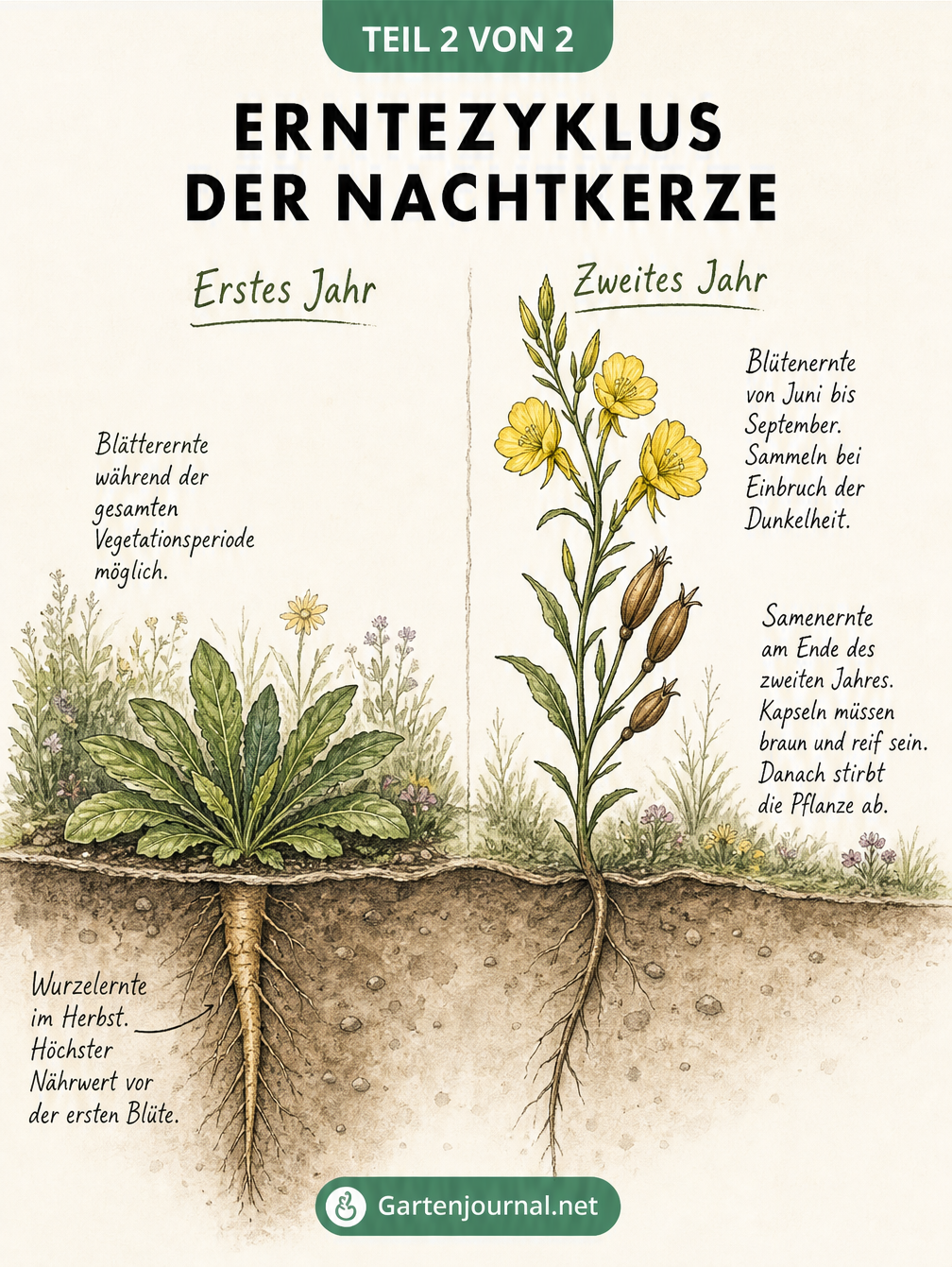 Illustration des zweijährigen Erntezyklus der Nachtkerze mit Wurzelernte im ersten und Blütenernte im zweiten Jahr