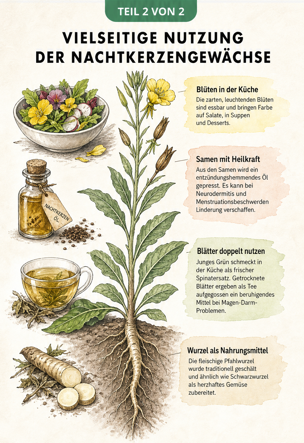 Illustration der Gewöhnlichen Nachtkerze mit Erklärungen zur Nutzung von Blüten, Samen, Blättern und Wurzeln