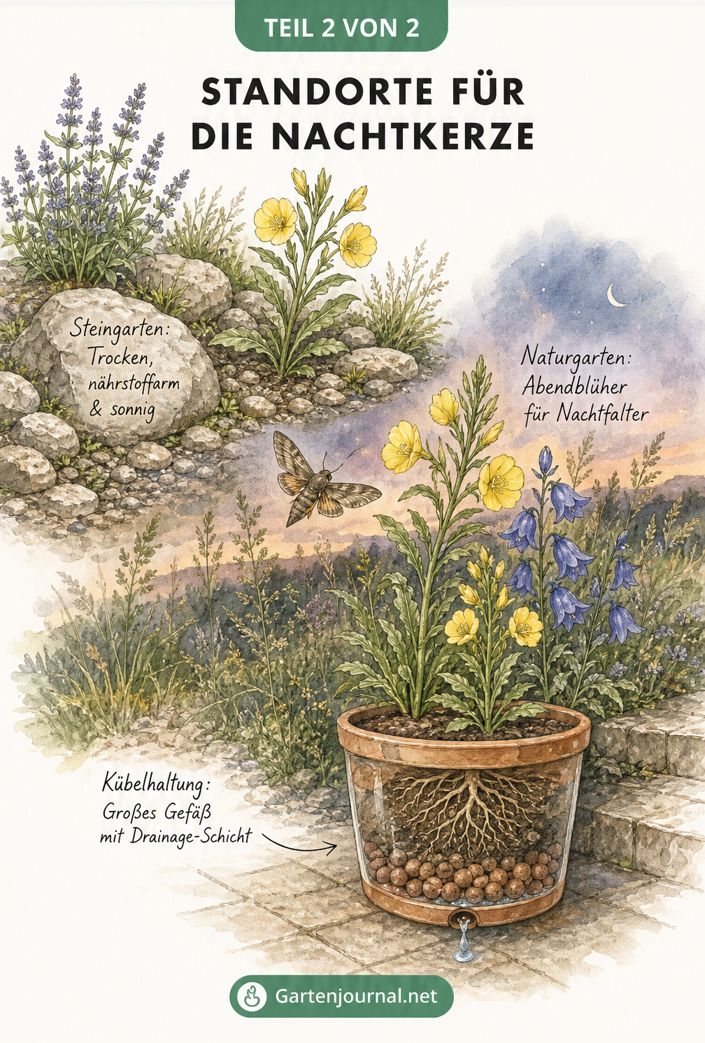 Aquarellierte Gartenplanungsskizze mit drei Pflanzsituationen für die Nachtkerze: Steingarten, Naturgarten und Kübelhaltung auf der Terrasse.
