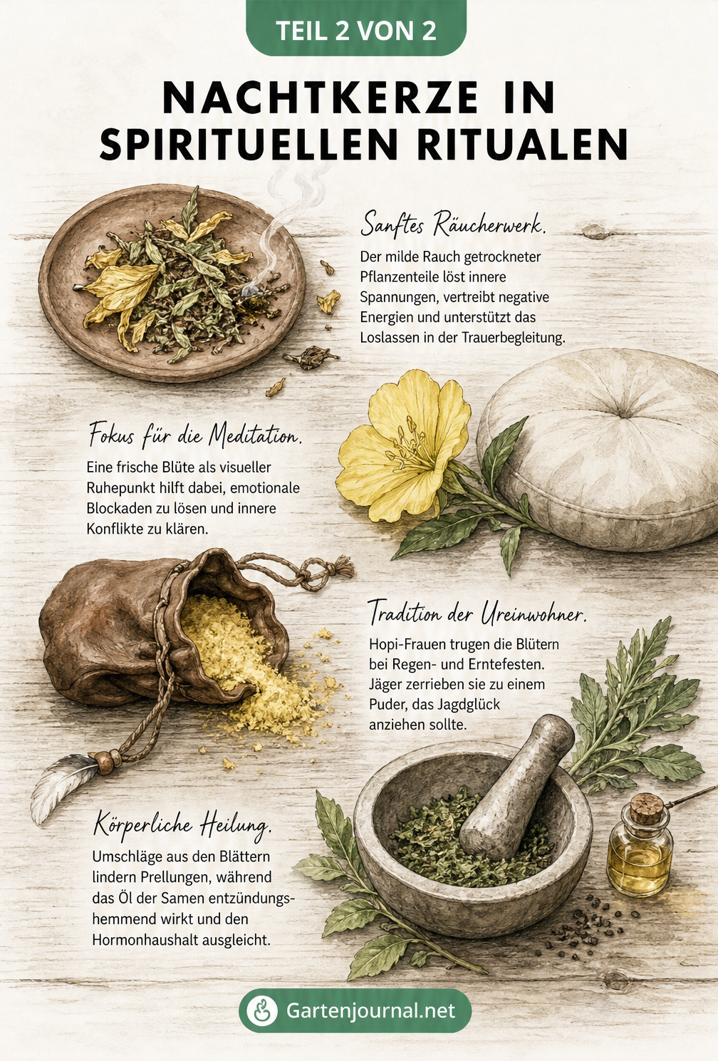 Illustration verschiedener Verwendungsformen der Nachtkerze in spirituellen Ritualen auf einem Holztisch